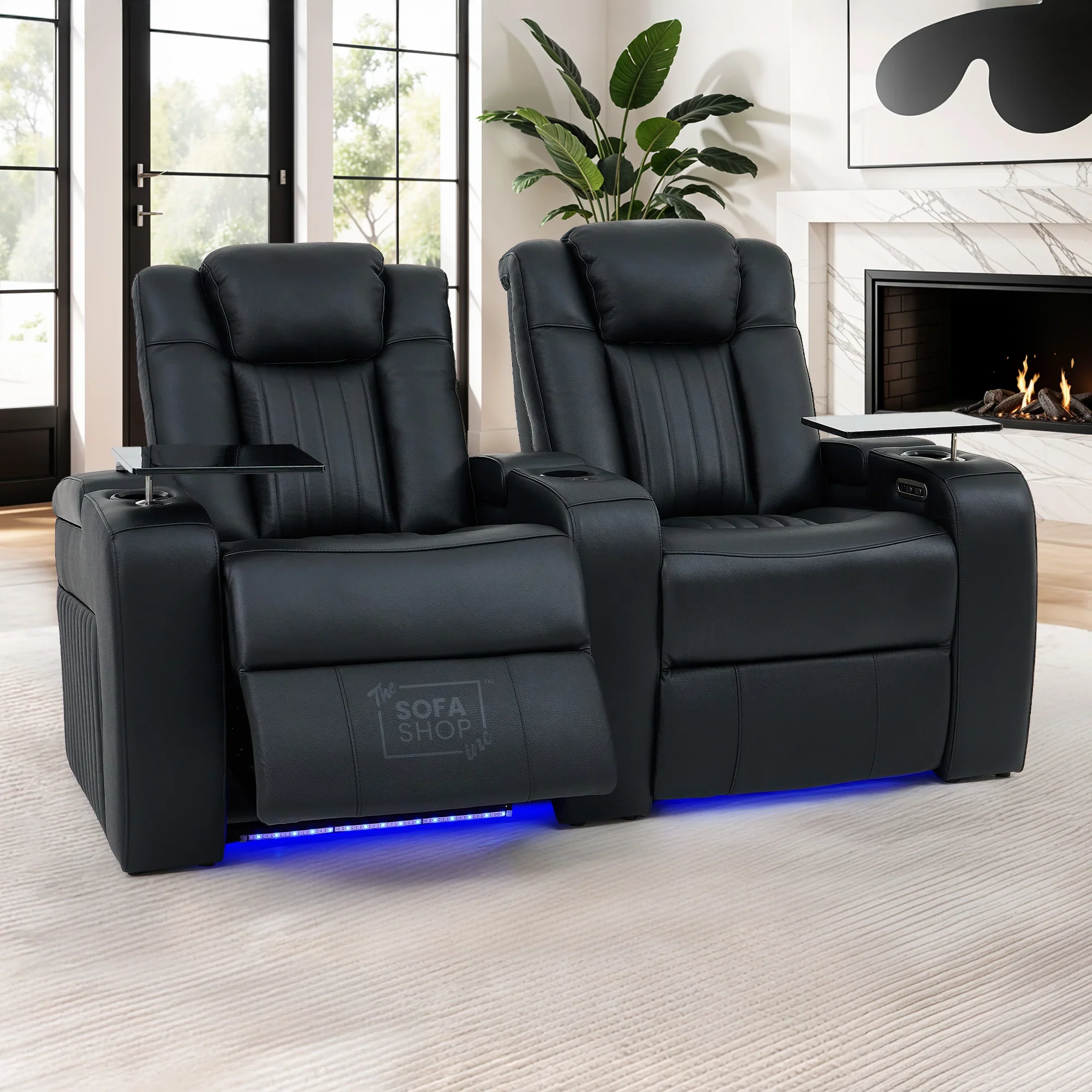 3+2 Modern Reclining Sofa Suite in Black Real Leather | Hi-Tech Sofa with Massage, Heated Lumbar, Wireless Charging, LED Lights & Removable Tables | Capri - Image 3