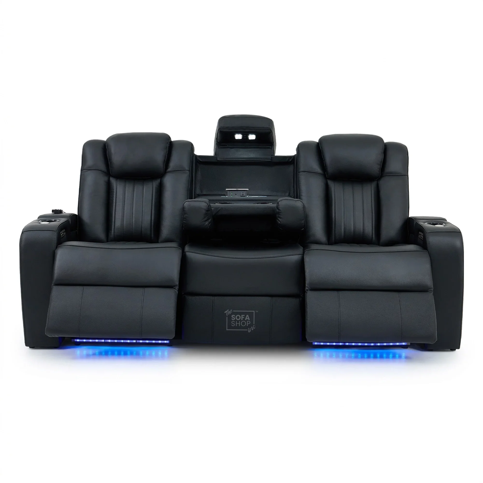 3+2 Modern Reclining Sofa Suite in Black Real Leather | Hi-Tech Sofa with Massage, Heated Lumbar, Wireless Charging, LED Lights & Removable Tables | Capri - Image 30