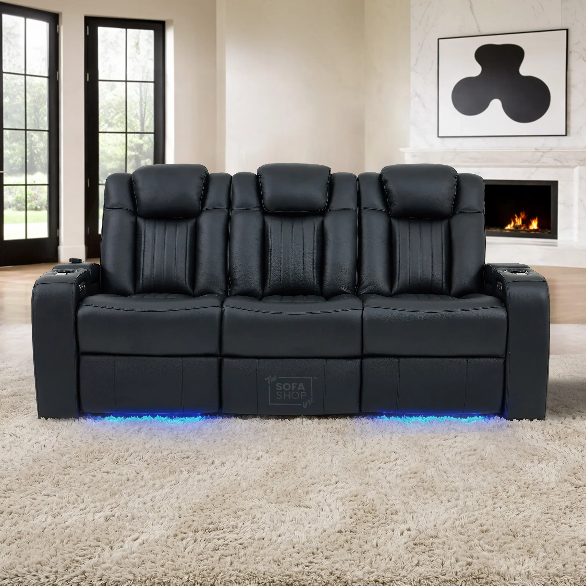 3+2 Modern Reclining Sofa Suite in Black Real Leather | Hi-Tech Sofa with Massage, Heated Lumbar, Wireless Charging, LED Lights & Removable Tables | Capri - Image 4