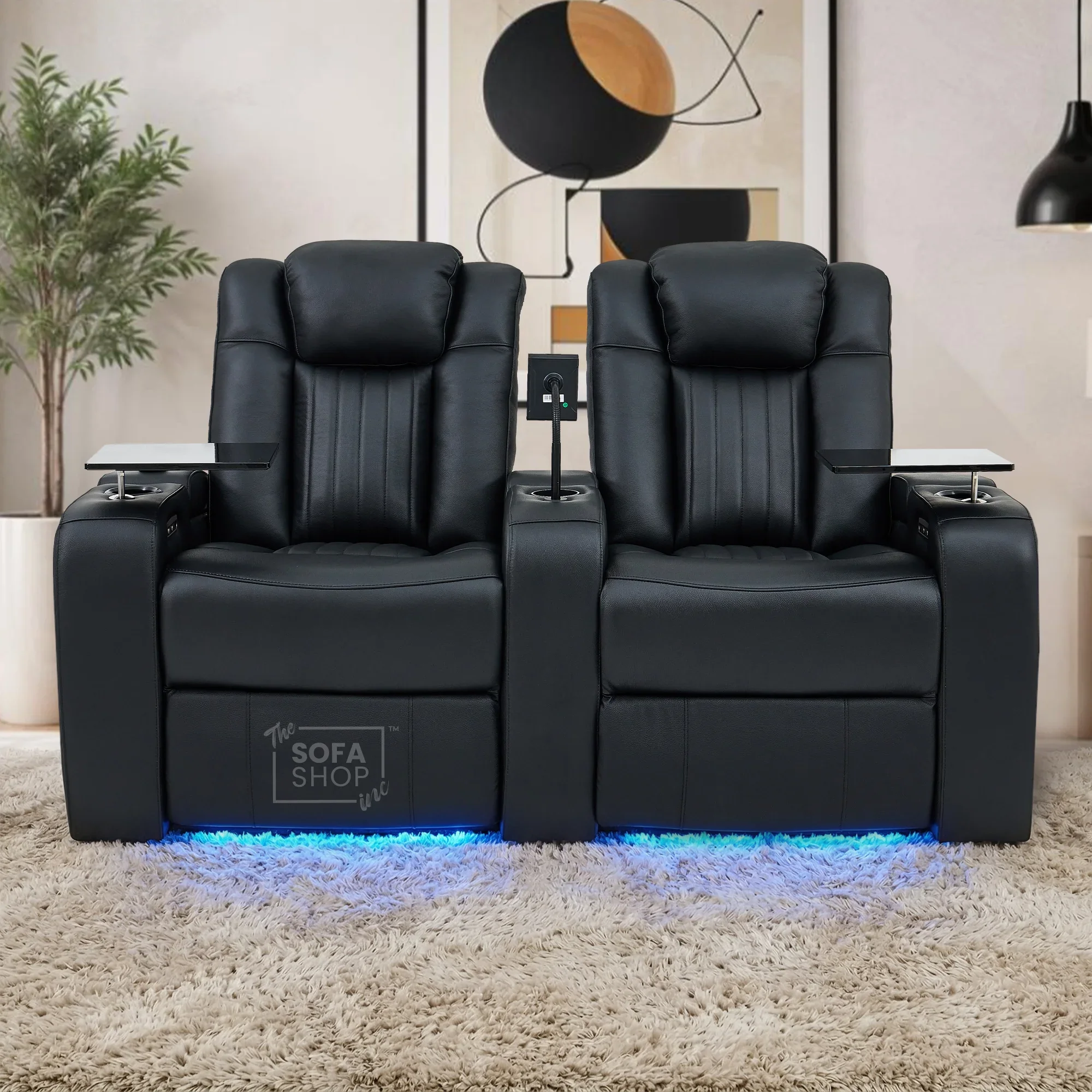 3+2 Modern Reclining Sofa Suite in Black Real Leather | Hi-Tech Sofa with Massage, Heated Lumbar, Wireless Charging, LED Lights & Removable Tables | Capri - Image 5