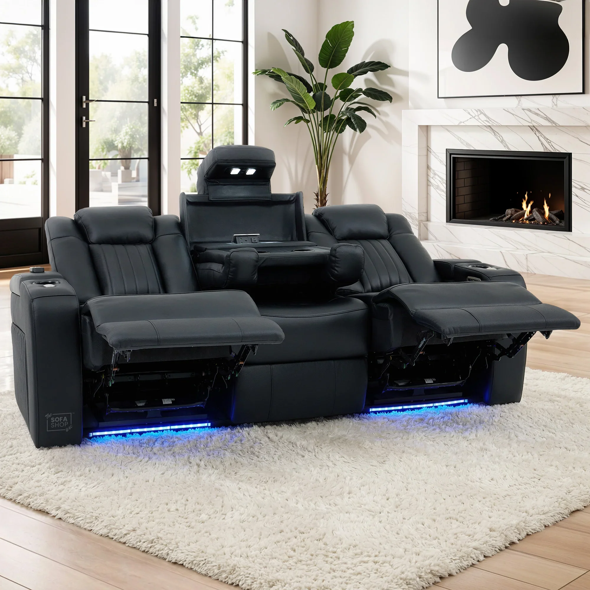 3+2 Modern Reclining Sofa Suite in Black Real Leather | Hi-Tech Sofa with Massage, Heated Lumbar, Wireless Charging, LED Lights & Removable Tables | Capri - Image 6