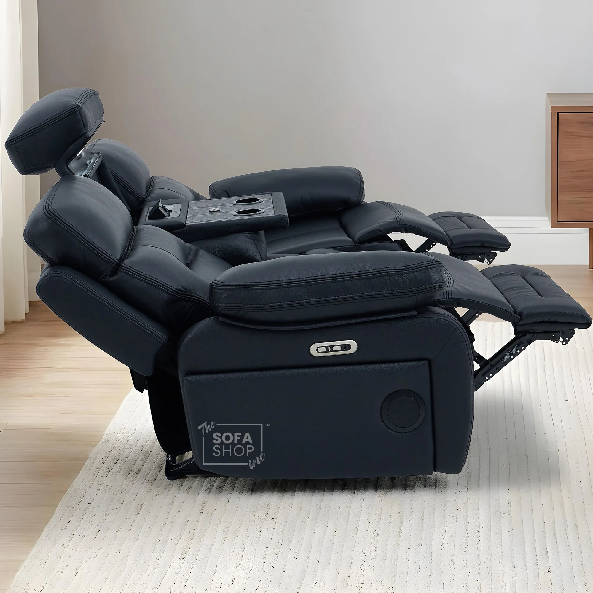 3+2 Electric Recliner Sofa Set in Black Real Leather | Hi-Tech Cinema Sofa Set with Bluetooth Speakers & Multi-Link, Power Grommets, Power Headrest, Power Recliner, USB & Wireless Charging | Sicily | The Sofa Shop - Image 11