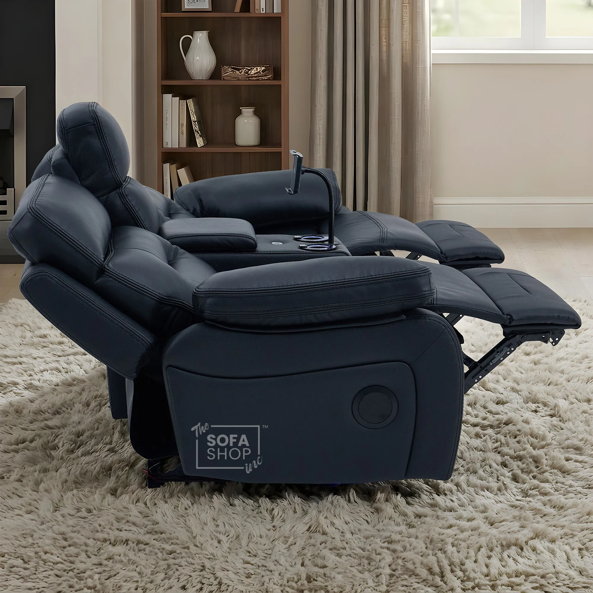 3+2 Electric Recliner Sofa Set in Black Real Leather | Hi-Tech Cinema Sofa Set with Bluetooth Speakers & Multi-Link, Power Grommets, Power Headrest, Power Recliner, USB & Wireless Charging | Sicily | The Sofa Shop - Image 13