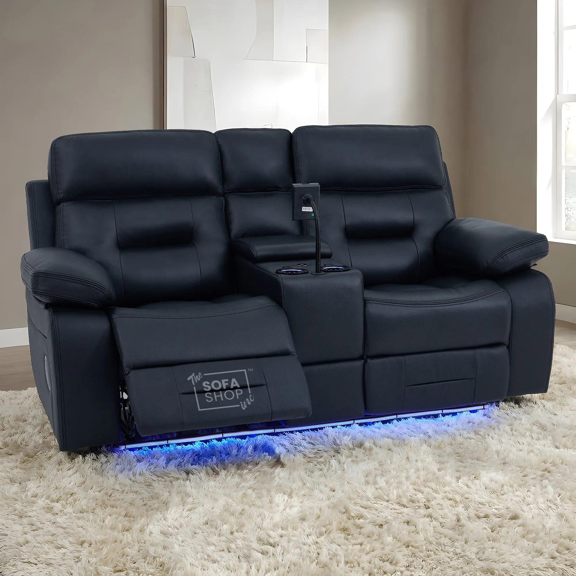 3+2 Electric Recliner Sofa Set in Black Real Leather | Hi-Tech Cinema Sofa Set with Bluetooth Speakers & Multi-Link, Power Grommets, Power Headrest, Power Recliner, USB & Wireless Charging | Sicily | The Sofa Shop - Image 3