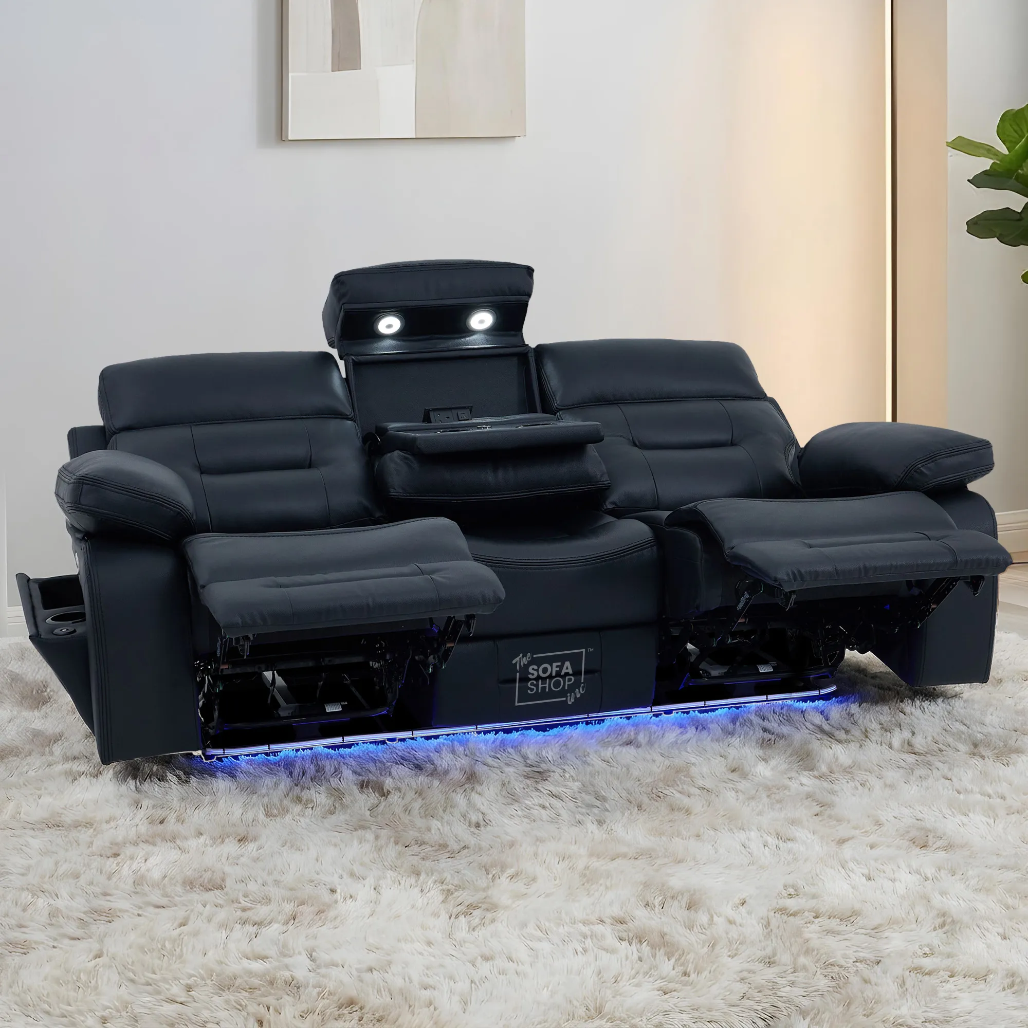 3+2 Electric Recliner Sofa Set in Black Real Leather | Hi-Tech Cinema Sofa Set with Bluetooth Speakers & Multi-Link, Power Grommets, Power Headrest, Power Recliner, USB & Wireless Charging | Sicily | The Sofa Shop - Image 7
