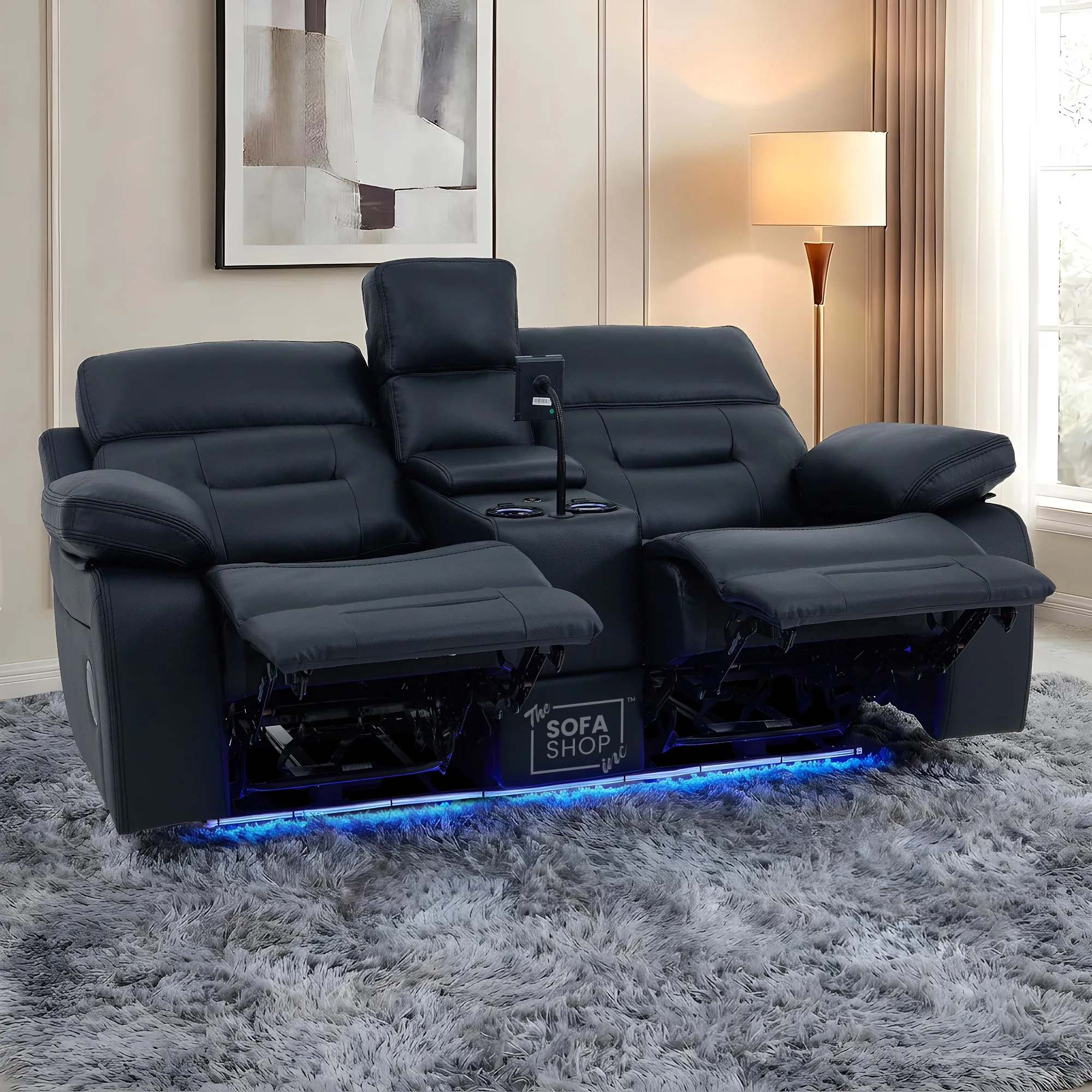 3+2 Electric Recliner Sofa Set in Black Real Leather | Hi-Tech Cinema Sofa Set with Bluetooth Speakers & Multi-Link, Power Grommets, Power Headrest, Power Recliner, USB & Wireless Charging | Sicily | The Sofa Shop - Image 8