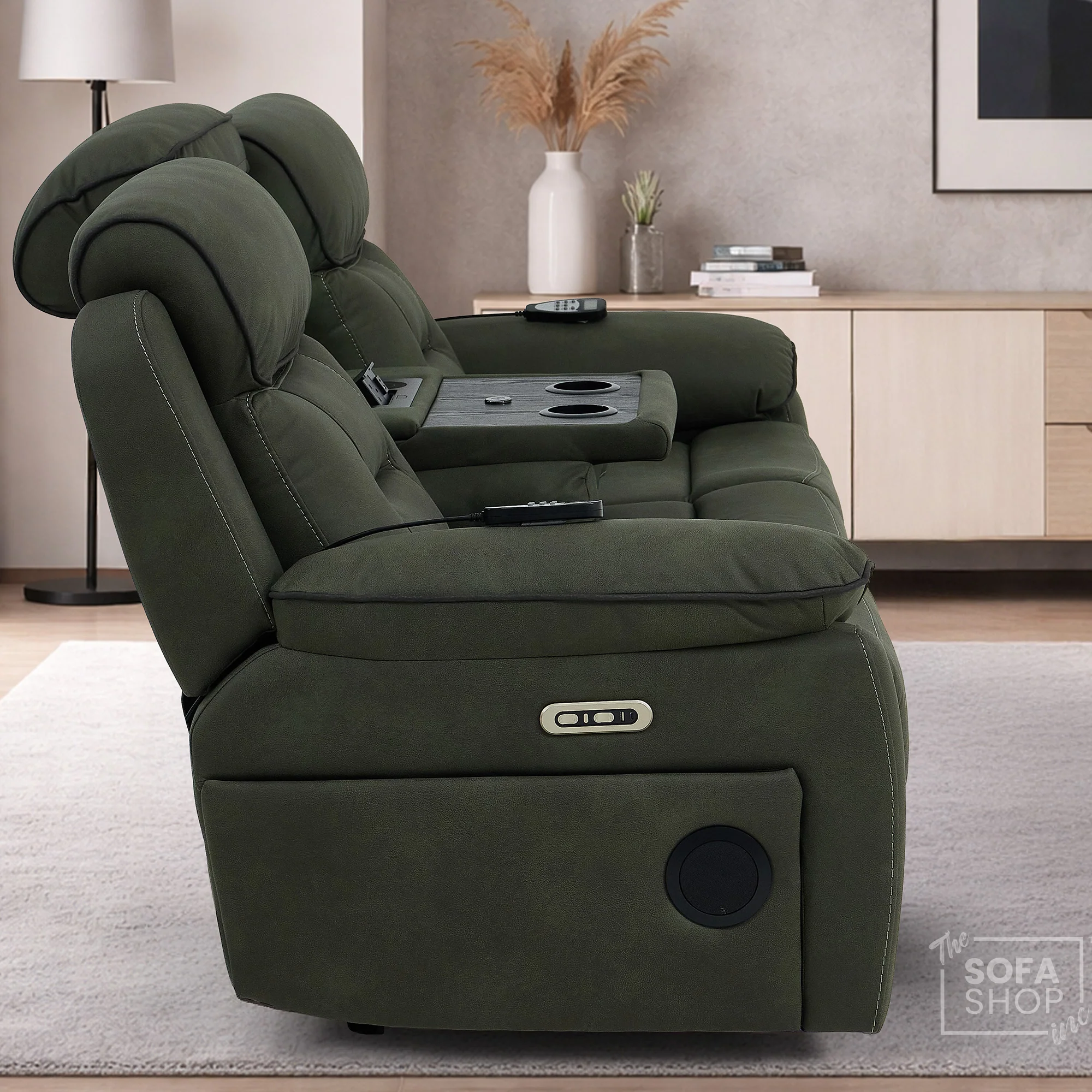 3+2 Piece Electric Home Cinema Sofa Set | Fabric Couch Suite In Green | Hi-Tech Sofa Set With Vibration Massage+ Heated Lumbar + Power Grommets +Bluetooth Speakers & Multi-Link | Florence | The Sofa Shop - Image 12