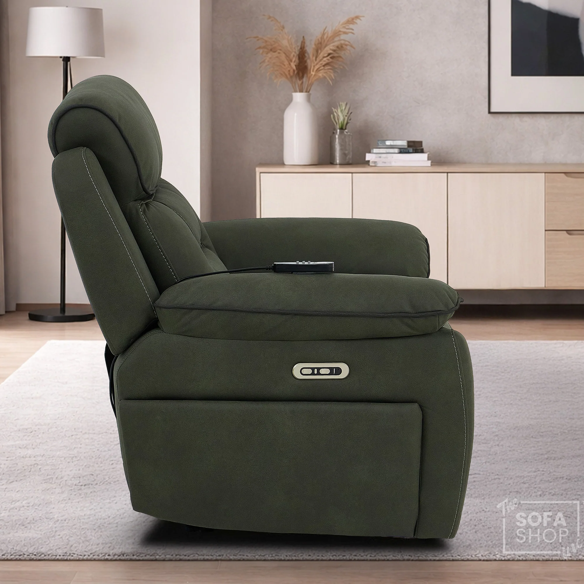 3+2 Piece Electric Home Cinema Sofa Set | Fabric Couch Suite In Green | Hi-Tech Sofa Set With Vibration Massage+ Heated Lumbar + Power Grommets +Bluetooth Speakers & Multi-Link | Florence | The Sofa Shop - Image 13