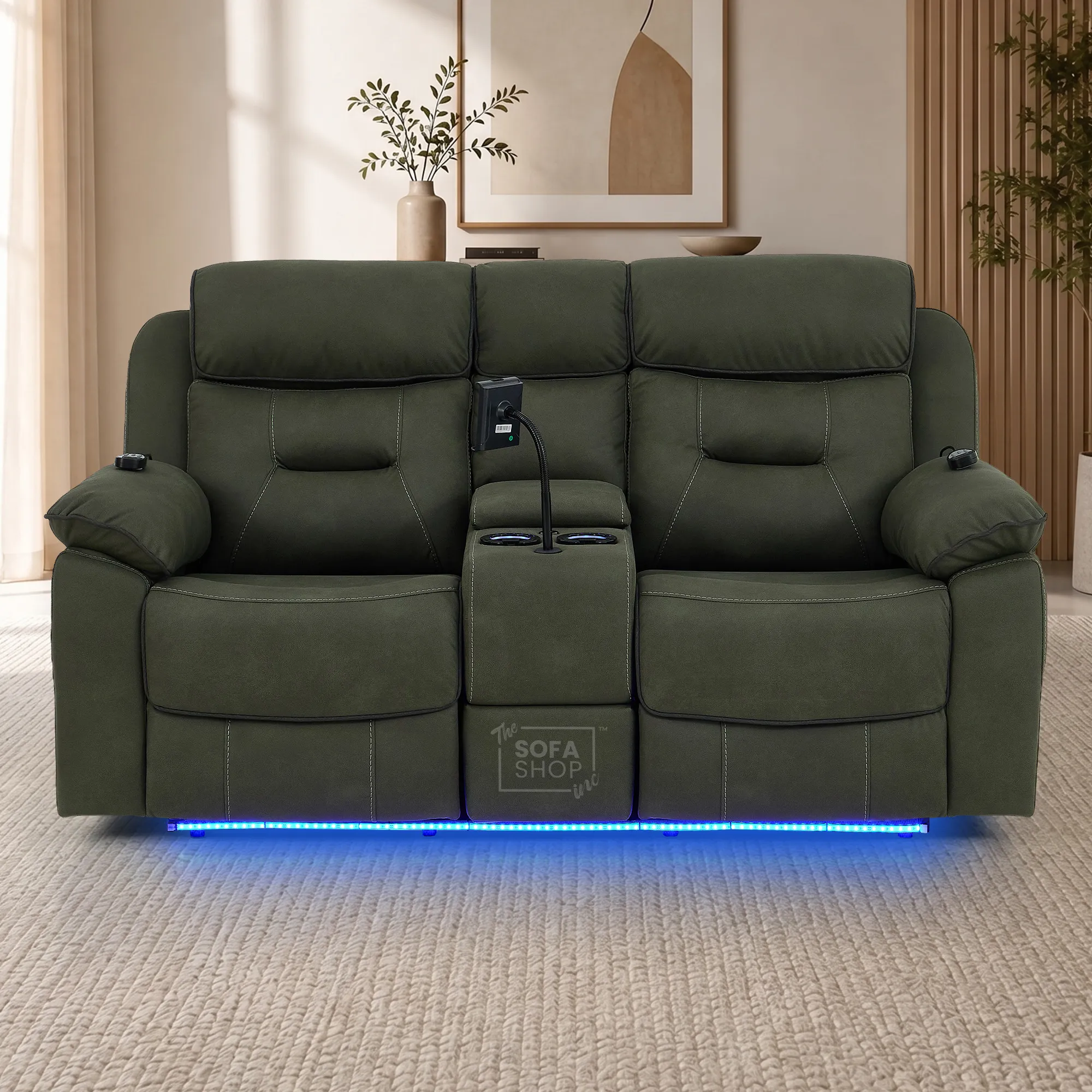 3+2 Piece Electric Home Cinema Sofa Set | Fabric Couch Suite In Green | Hi-Tech Sofa Set With Vibration Massage+ Heated Lumbar + Power Grommets +Bluetooth Speakers & Multi-Link | Florence | The Sofa Shop - Image 3