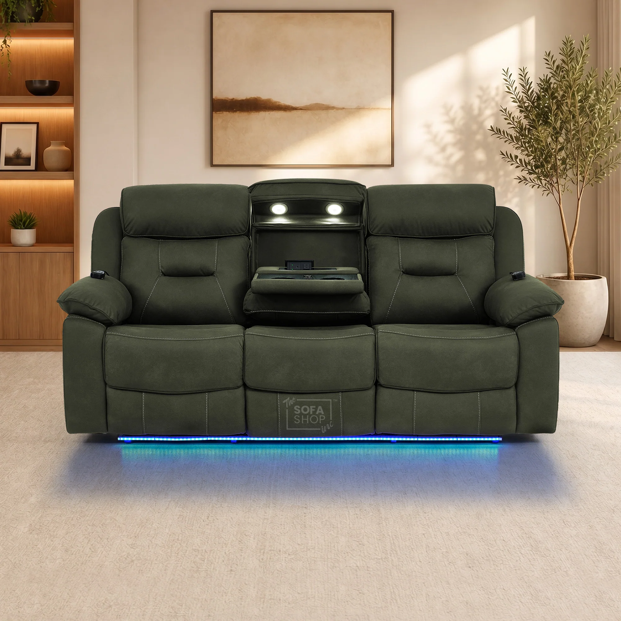 3+2 Piece Electric Home Cinema Sofa Set | Fabric Couch Suite In Green | Hi-Tech Sofa Set With Vibration Massage+ Heated Lumbar + Power Grommets +Bluetooth Speakers & Multi-Link | Florence | The Sofa Shop - Image 4