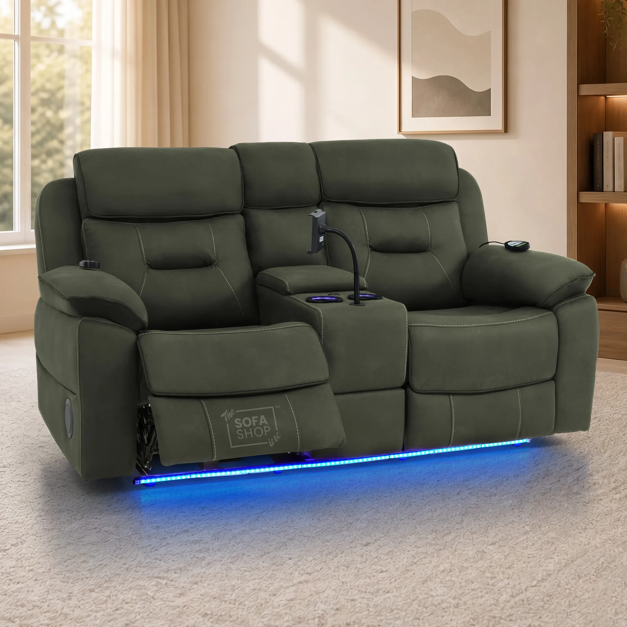 3+2 Piece Electric Home Cinema Sofa Set | Fabric Couch Suite In Green | Hi-Tech Sofa Set With Vibration Massage+ Heated Lumbar + Power Grommets +Bluetooth Speakers & Multi-Link | Florence | The Sofa Shop - Image 5