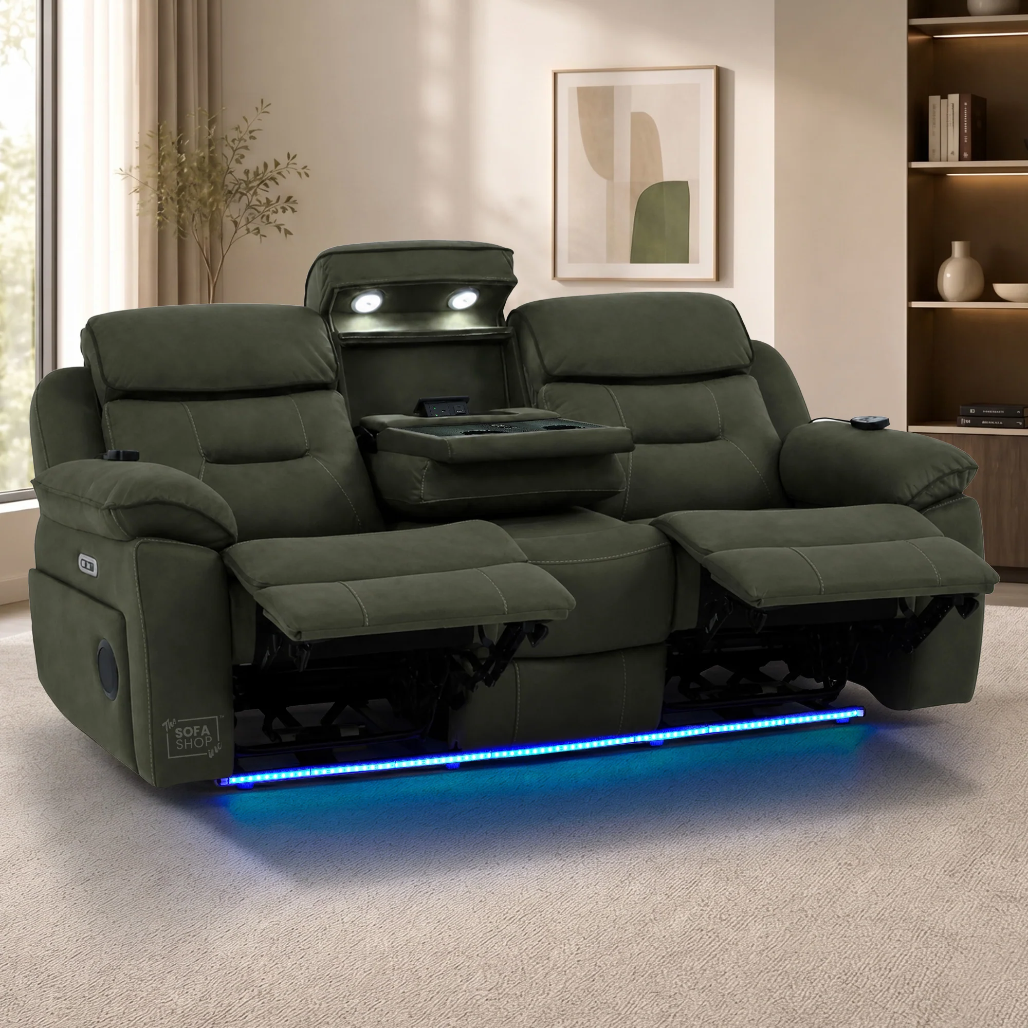 3+2 Piece Electric Home Cinema Sofa Set | Fabric Couch Suite In Green | Hi-Tech Sofa Set With Vibration Massage+ Heated Lumbar + Power Grommets +Bluetooth Speakers & Multi-Link | Florence | The Sofa Shop - Image 6