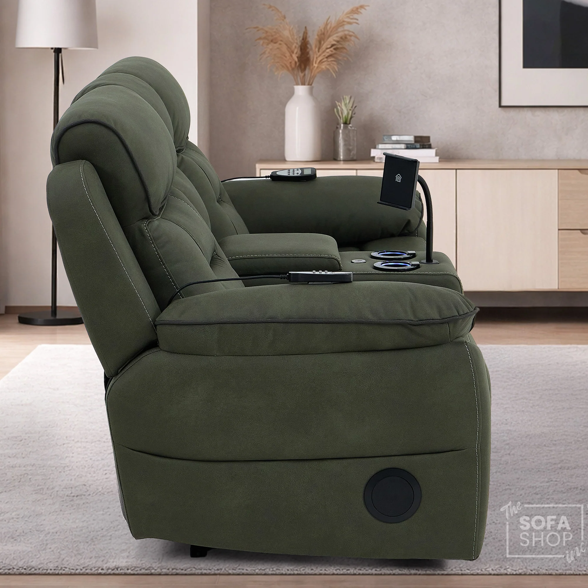 3+2 Piece Electric Home Cinema Sofa Set | Fabric Couch Suite In Green | Hi-Tech Sofa Set With Vibration Massage+ Heated Lumbar + Power Grommets +Bluetooth Speakers & Multi-Link | Florence | The Sofa Shop - Image 8