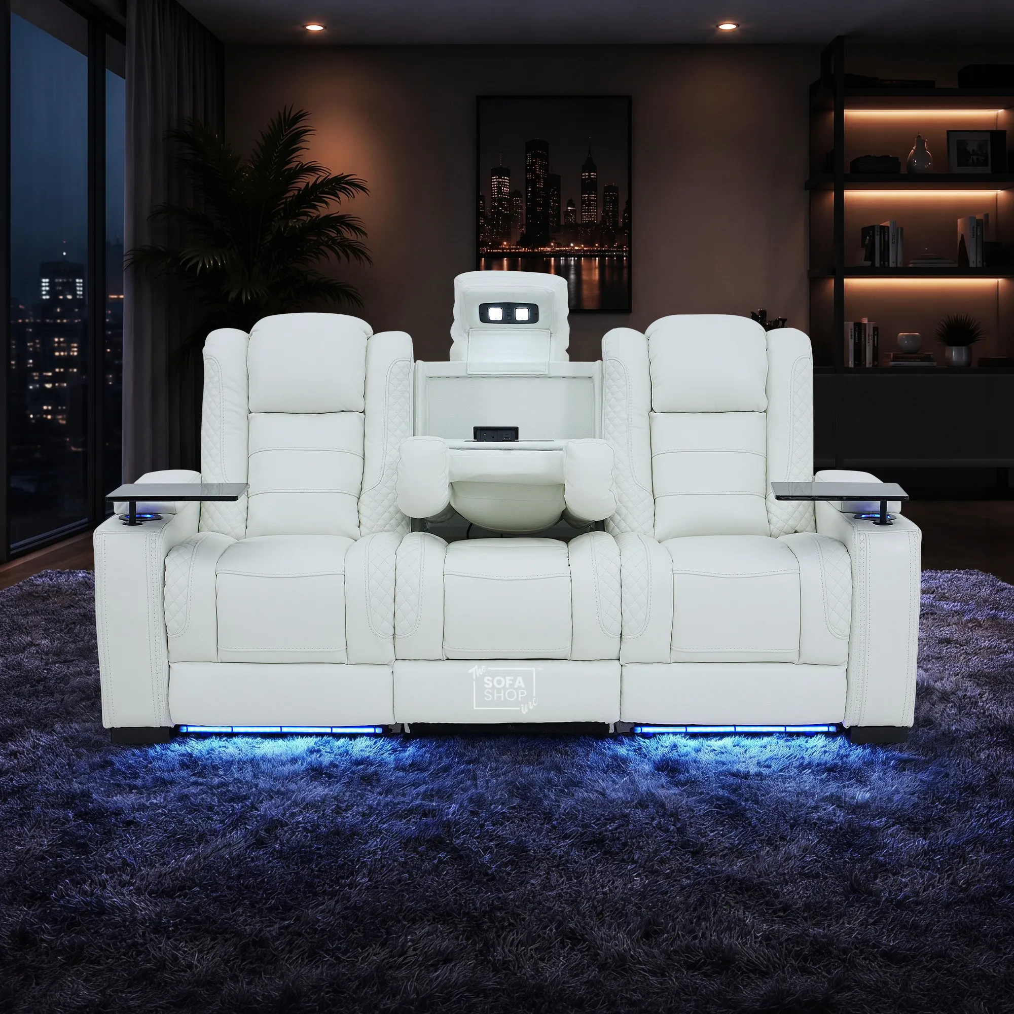 3+2 Seater White Real Leather Recliner Cinema Sofa | Hi-Tech Sofa Suite with Power Recline + Power Headrests + Wireless Charging + Bluetooth Speaker + Heat & Cool Cupholders | Napoli | The Sofa Shop - Image 5