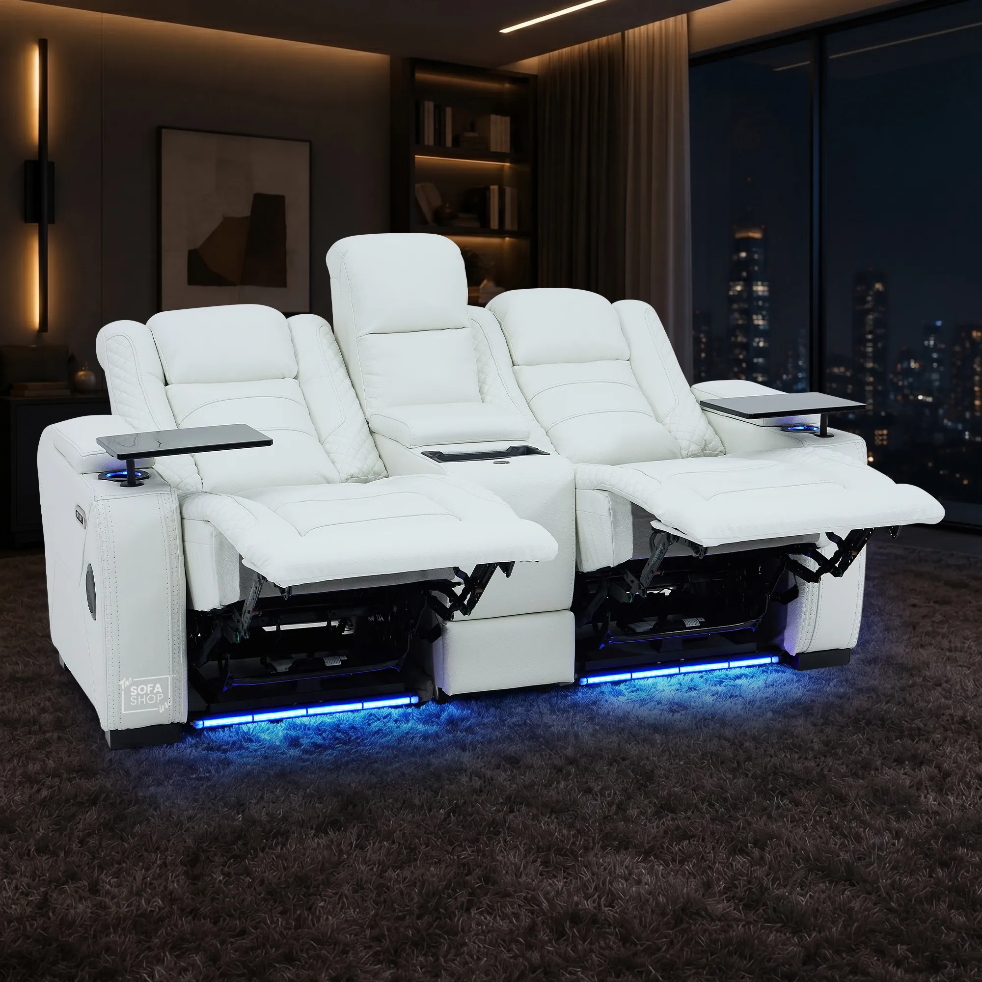3+2 Seater White Real Leather Recliner Cinema Sofa | Hi-Tech Sofa Suite with Power Recline + Power Headrests + Wireless Charging + Bluetooth Speaker + Heat & Cool Cupholders | Napoli | The Sofa Shop - Image 7