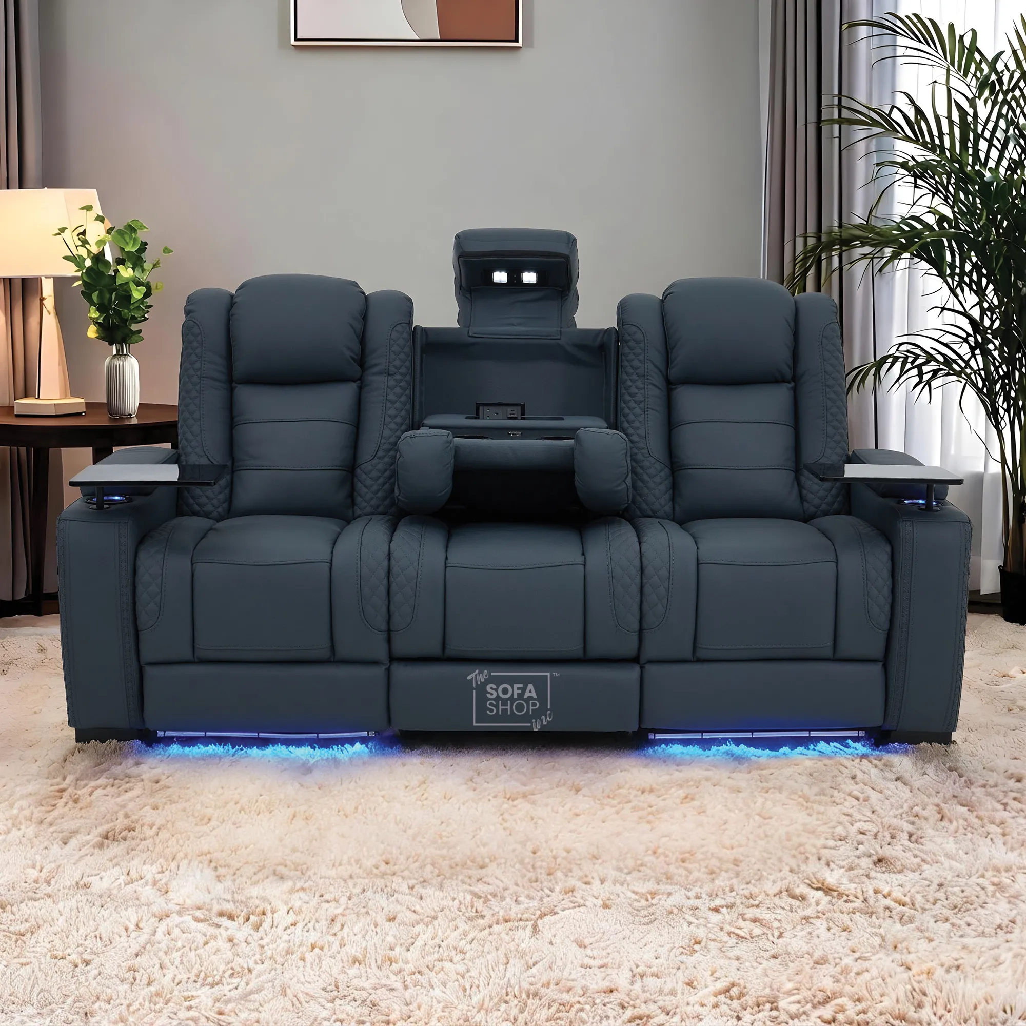 3+2 Seater Blue Real Leather Recliner Cinema Sofa | Hi-Tech Sofa Suite with Power Recline + Power Headrests + Wireless Charging + Bluetooth Speakers + Heat & Cool Cupholders | Napoli | The Sofa Shop - Image 3