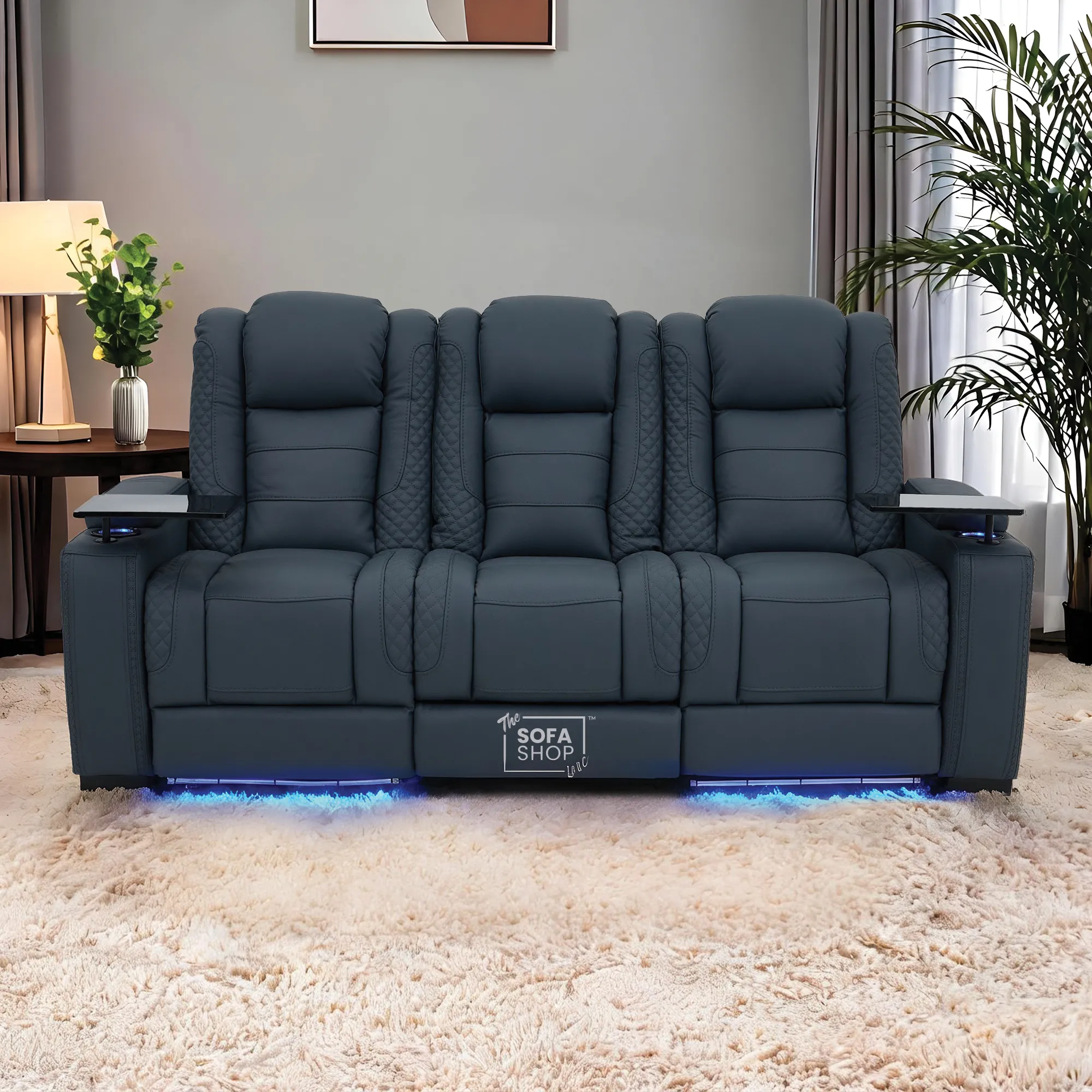 3+2 Seater Blue Real Leather Recliner Cinema Sofa | Hi-Tech Sofa Suite with Power Recline + Power Headrests + Wireless Charging + Bluetooth Speakers + Heat & Cool Cupholders | Napoli | The Sofa Shop - Image 4