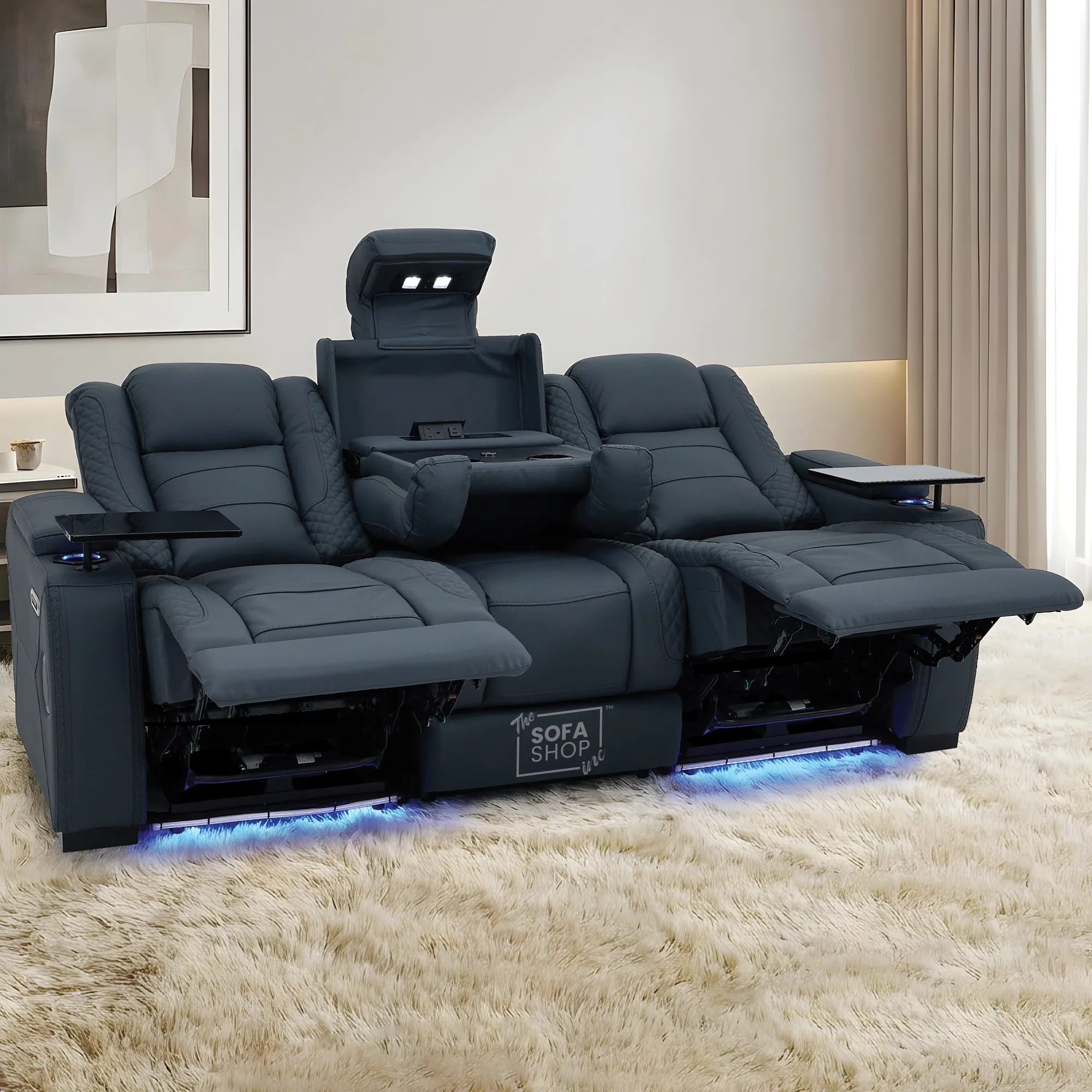 3+2 Seater Blue Real Leather Recliner Cinema Sofa | Hi-Tech Sofa Suite with Power Recline + Power Headrests + Wireless Charging + Bluetooth Speakers + Heat & Cool Cupholders | Napoli | The Sofa Shop - Image 5