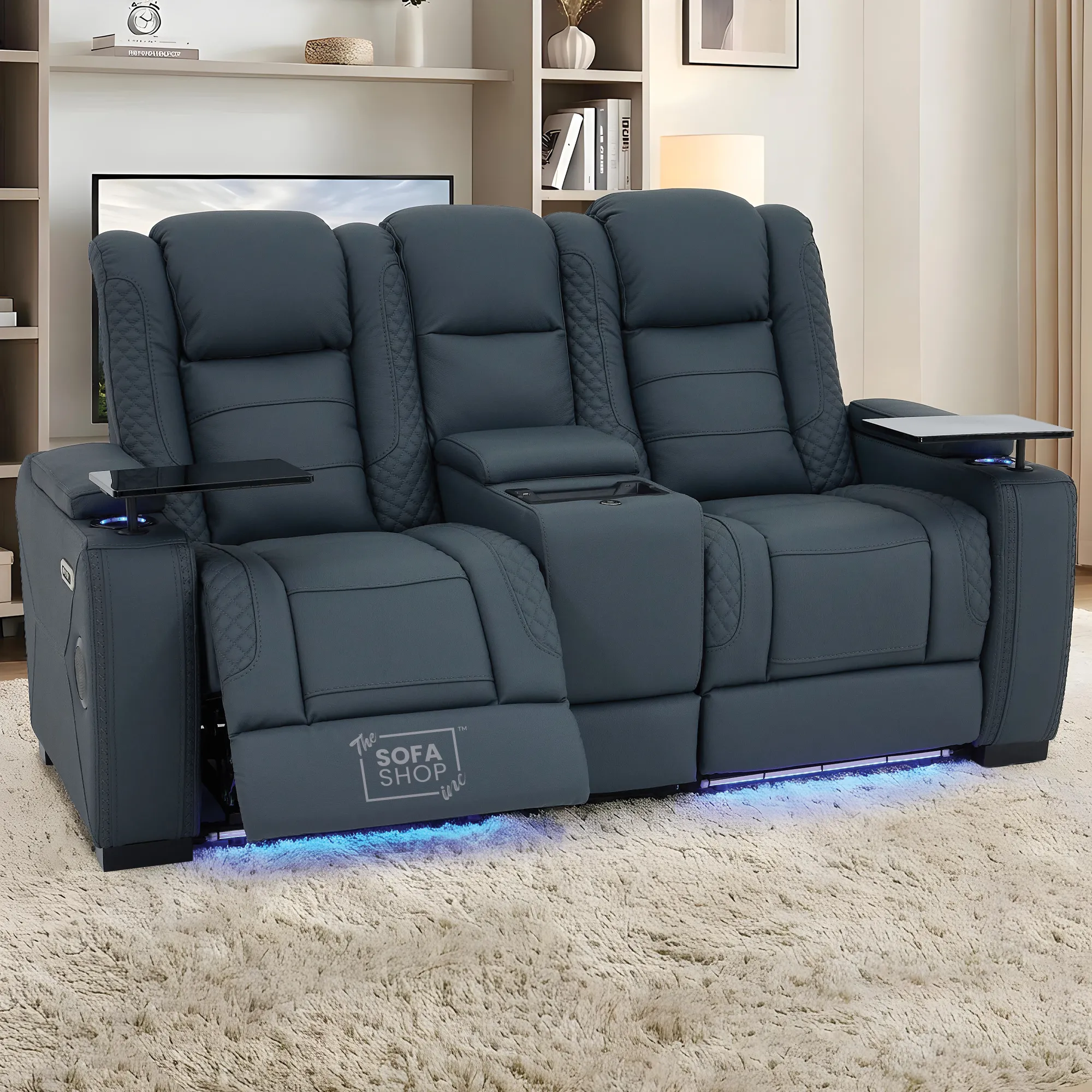 3+2 Seater Blue Real Leather Recliner Cinema Sofa | Hi-Tech Sofa Suite with Power Recline + Power Headrests + Wireless Charging + Bluetooth Speakers + Heat & Cool Cupholders | Napoli | The Sofa Shop - Image 7