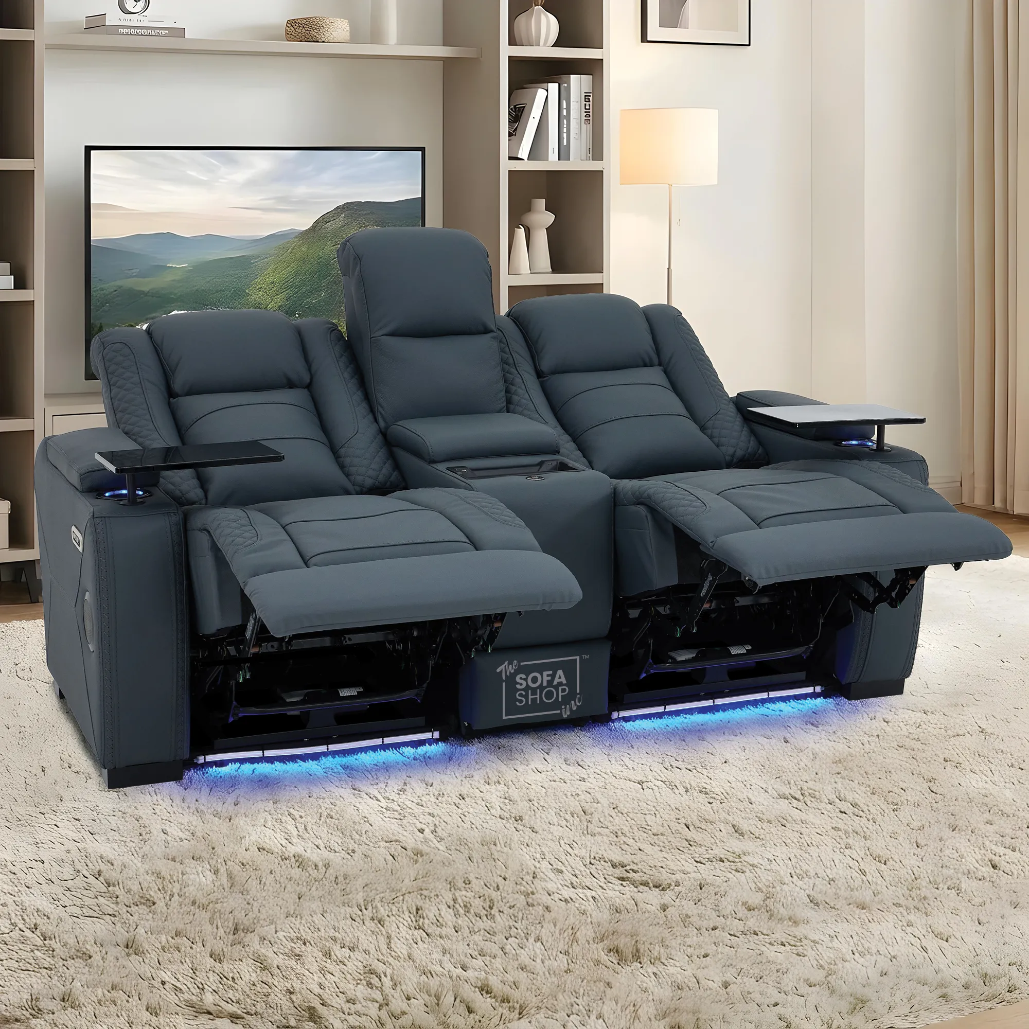 3+2 Seater Blue Real Leather Recliner Cinema Sofa | Hi-Tech Sofa Suite with Power Recline + Power Headrests + Wireless Charging + Bluetooth Speakers + Heat & Cool Cupholders | Napoli | The Sofa Shop - Image 8
