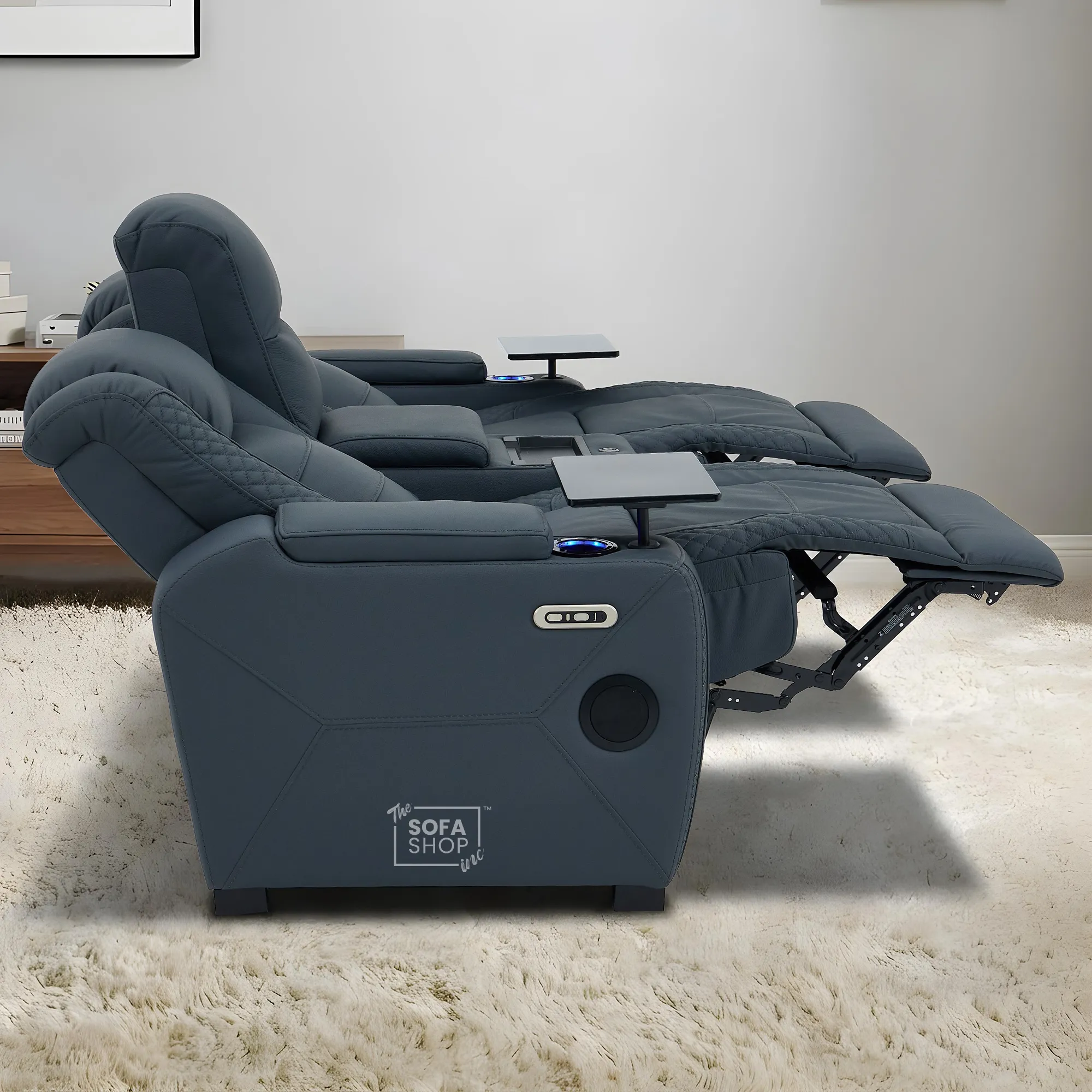 3+2 Seater Blue Real Leather Recliner Cinema Sofa | Hi-Tech Sofa Suite with Power Recline + Power Headrests + Wireless Charging + Bluetooth Speakers + Heat & Cool Cupholders | Napoli | The Sofa Shop - Image 9