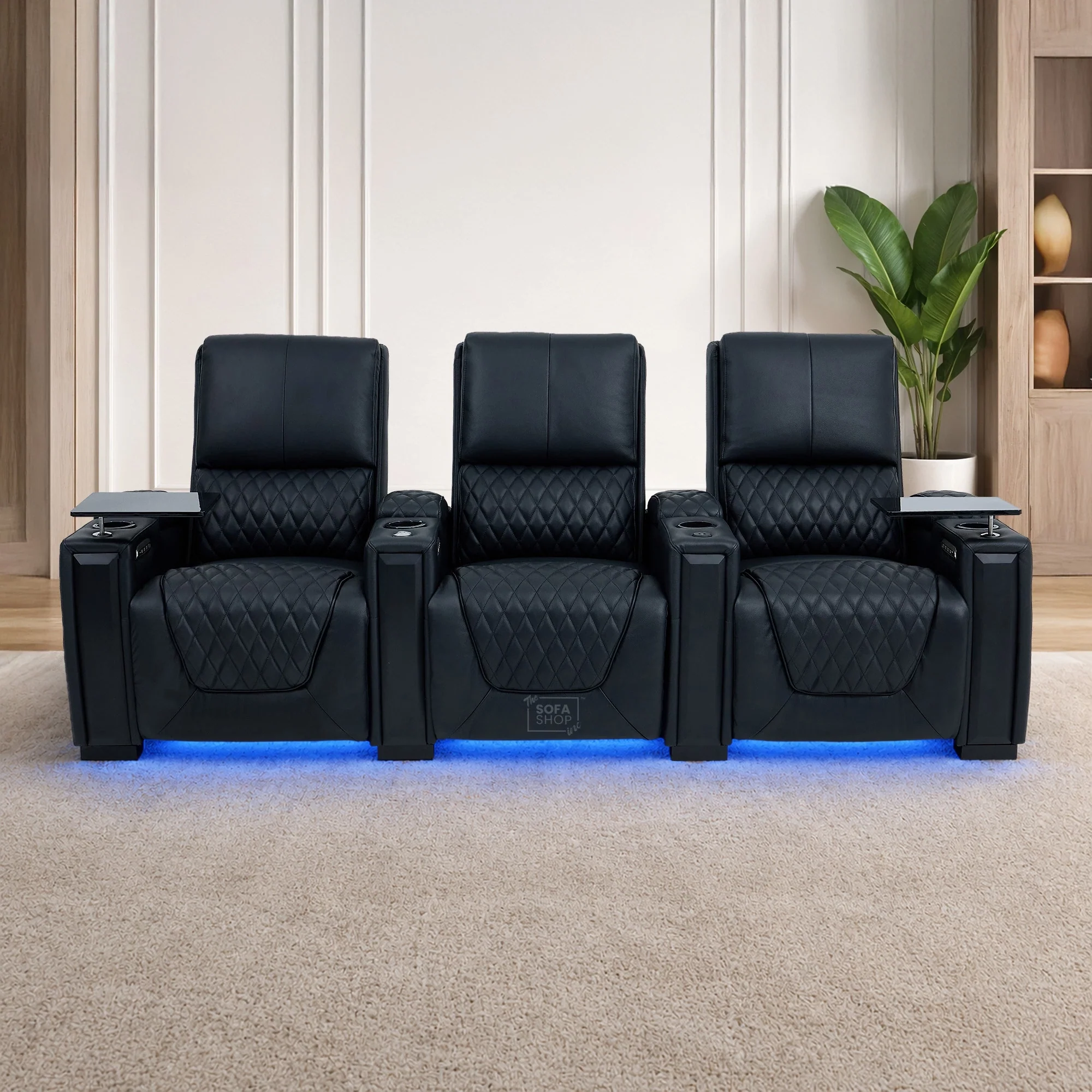3 Seater Cinema Sofa in Black Real Leather | Luxury Theatre & Home Cinema Seating | Electric Recliner With Power Lumbar + USB Charging + Cupholders & Power Headrests | LED Lighting & Hidden Storage | Assisi - Image 2