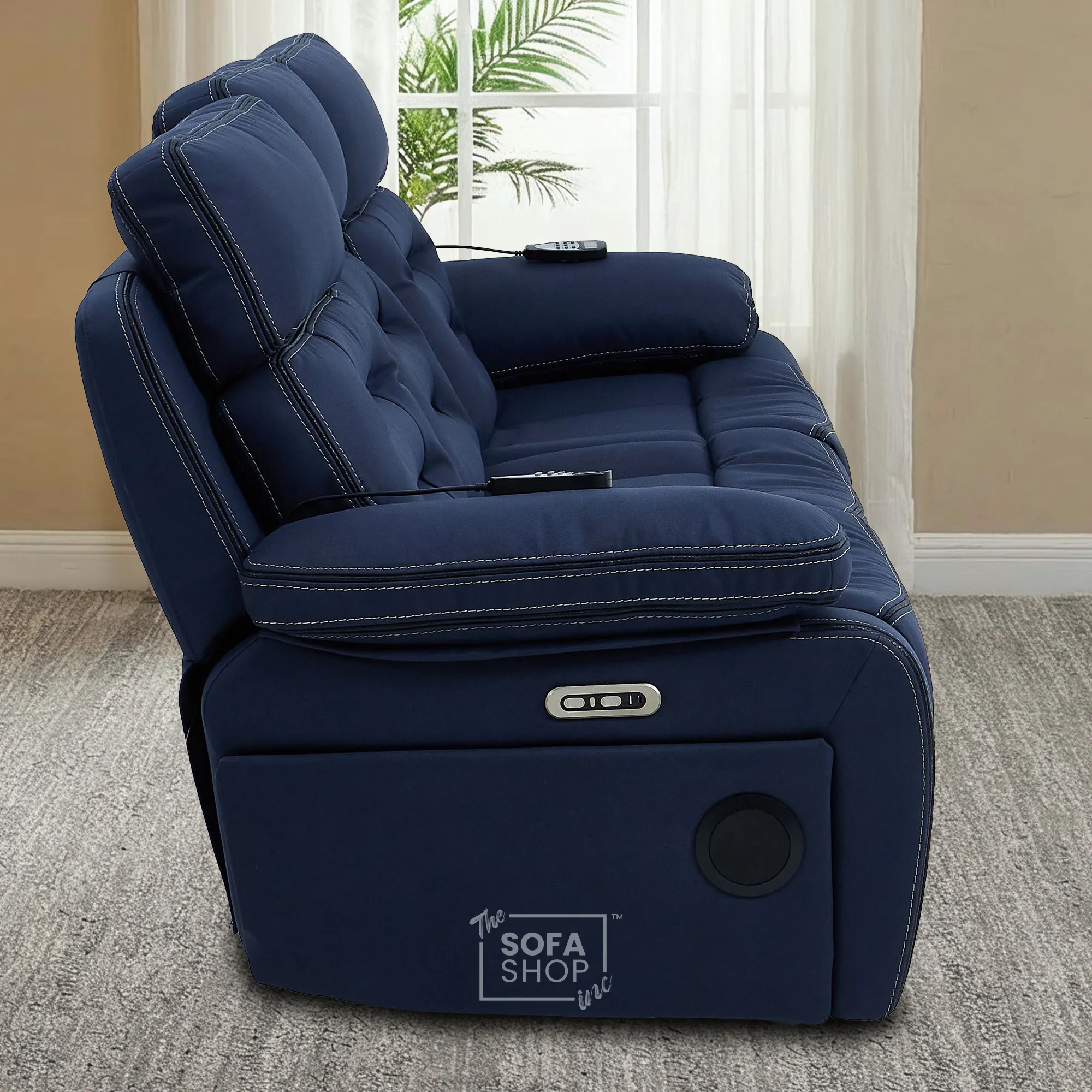3+2 Electric Recliner Cinema Sofa Set in Blue Fabric | Hi-Tech Sofa Suite with Massage, Padded Lumbar support, Bluetooth Speakers, Console & Wireless Charging | Tuscany | The Sofa Shop - Image 10