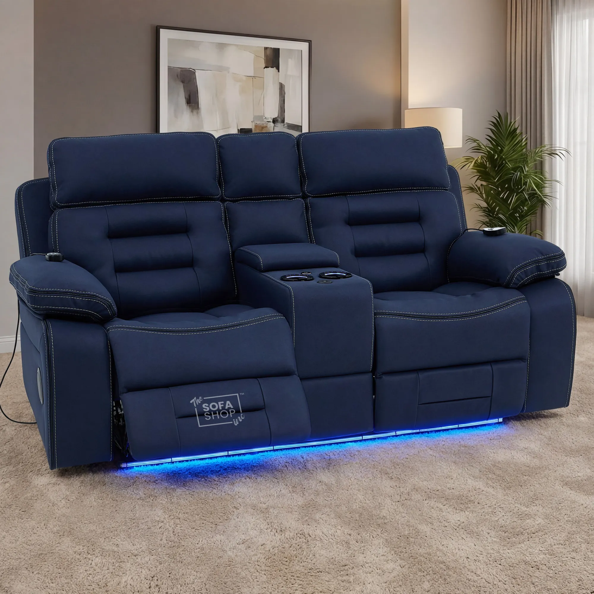 3+2 Electric Recliner Cinema Sofa Set in Blue Fabric | Hi-Tech Sofa Suite with Massage, Padded Lumbar support, Bluetooth Speakers, Console & Wireless Charging | Tuscany | The Sofa Shop - Image 3