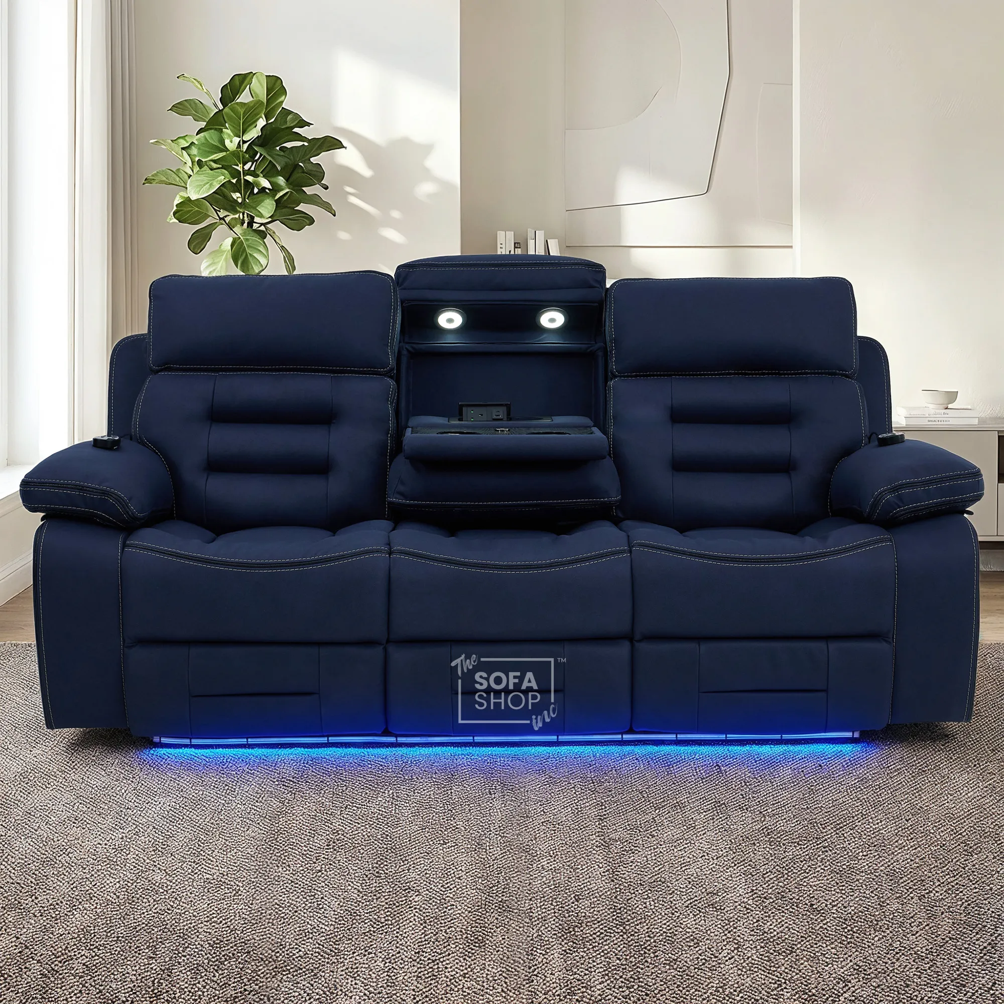 3+2 Electric Recliner Cinema Sofa Set in Blue Fabric | Hi-Tech Sofa Suite with Massage, Padded Lumbar support, Bluetooth Speakers, Console & Wireless Charging | Tuscany | The Sofa Shop - Image 4