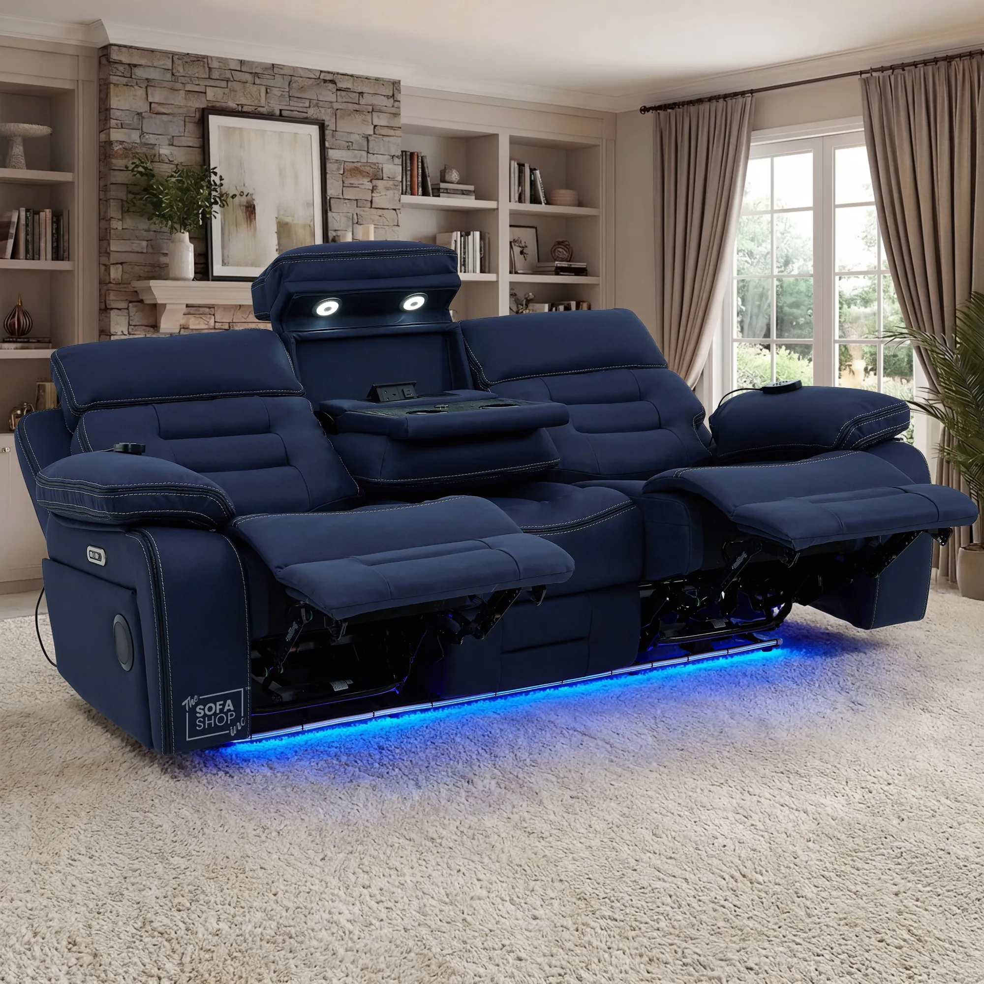 3+2 Electric Recliner Cinema Sofa Set in Blue Fabric | Hi-Tech Sofa Suite with Massage, Padded Lumbar support, Bluetooth Speakers, Console & Wireless Charging | Tuscany | The Sofa Shop - Image 6