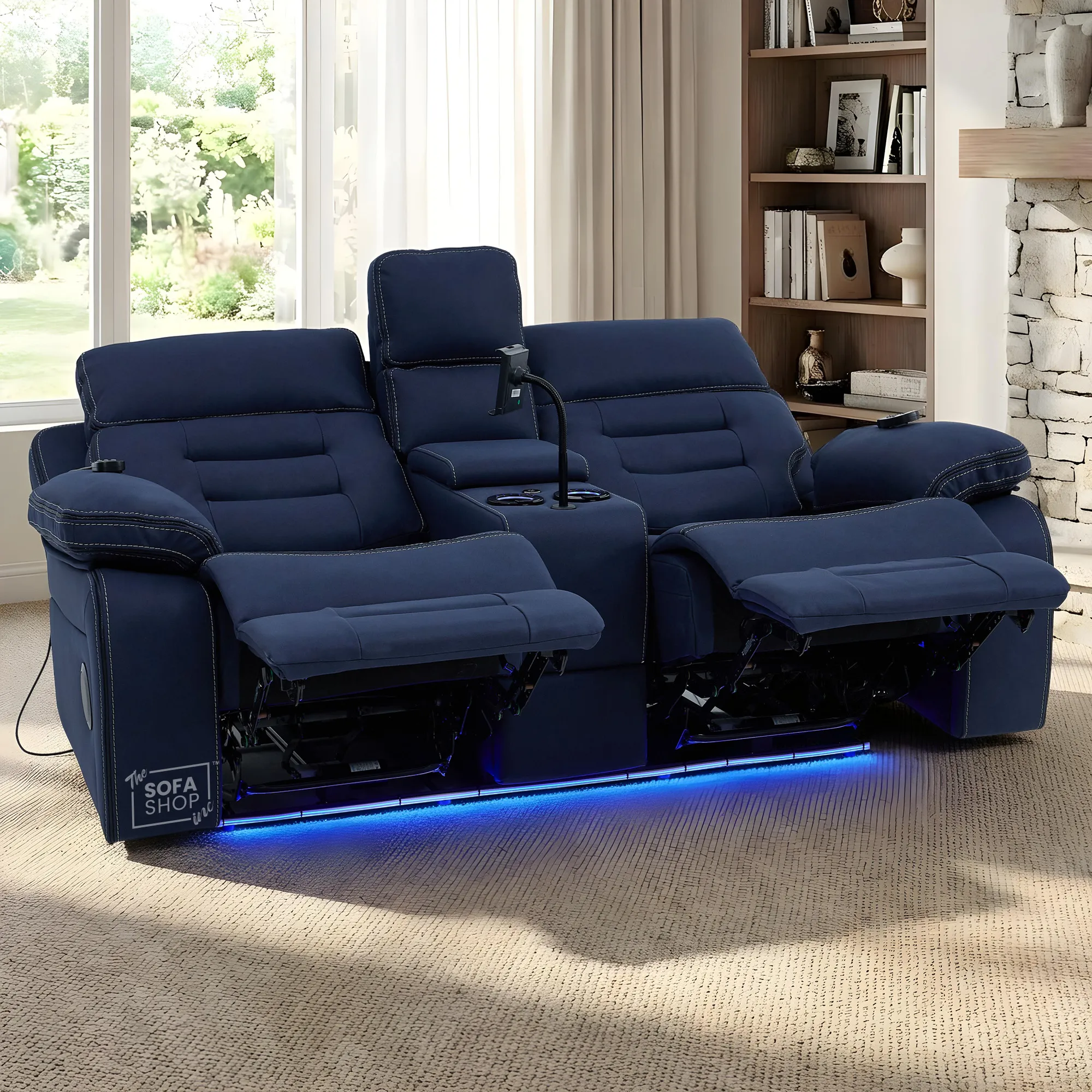 3+2 Electric Recliner Cinema Sofa Set in Blue Fabric | Hi-Tech Sofa Suite with Massage, Padded Lumbar support, Bluetooth Speakers, Console & Wireless Charging | Tuscany | The Sofa Shop - Image 7
