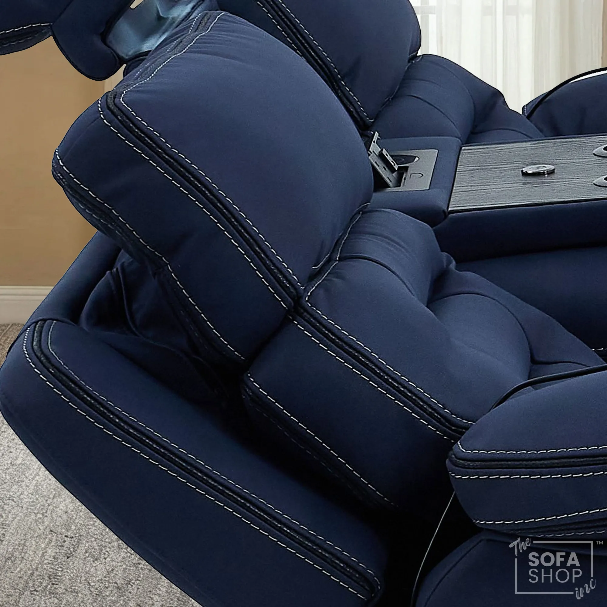 3+2 Electric Recliner Cinema Sofa Set in Blue Fabric | Hi-Tech Sofa Suite with Massage, Padded Lumbar support, Bluetooth Speakers, Console & Wireless Charging | Tuscany | The Sofa Shop - Image 9