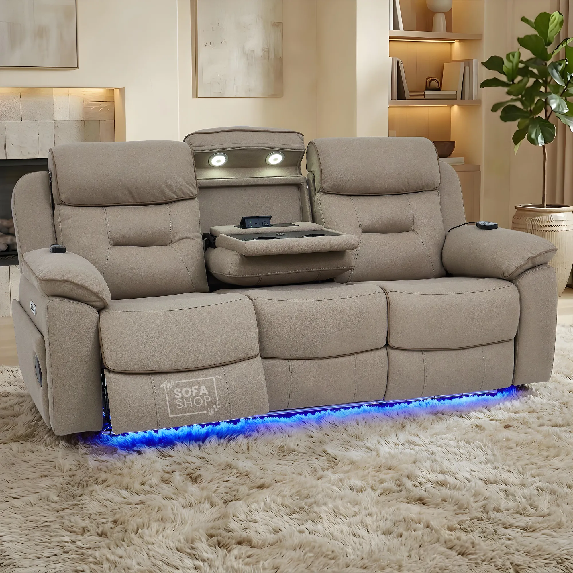 3 Seater Electric Recliner Sofa In Beige Fabric | Hi-Tech Cinema Couch With Massage + Wireless Charging + Multi-Link Bluetooth + Power Headrests | Florence | The Sofa Shop