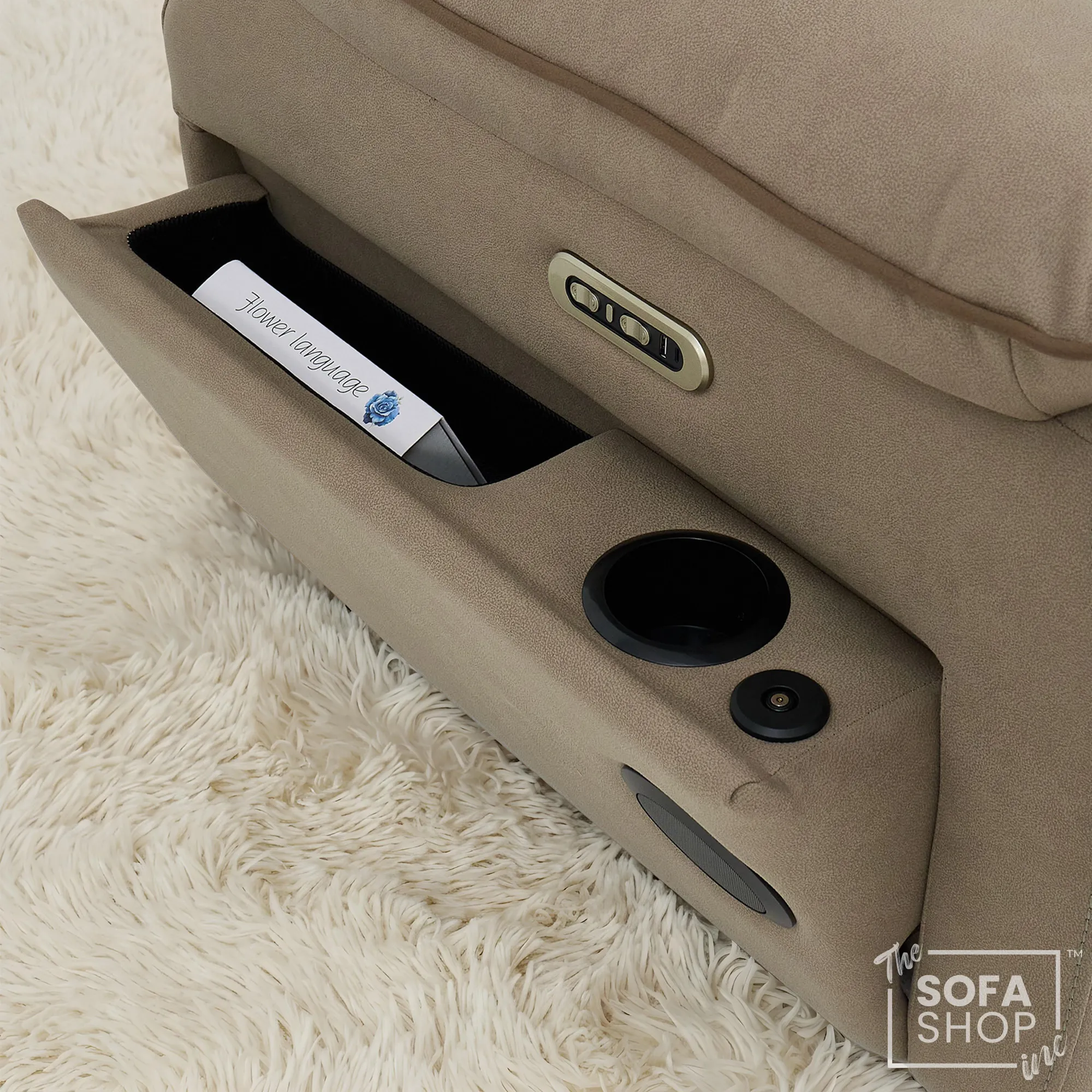 3 Seater Electric Recliner Sofa In Beige Fabric | Hi-Tech Cinema Couch With Massage + Wireless Charging + Multi-Link Bluetooth + Power Headrests | Florence | The Sofa Shop - Image 14