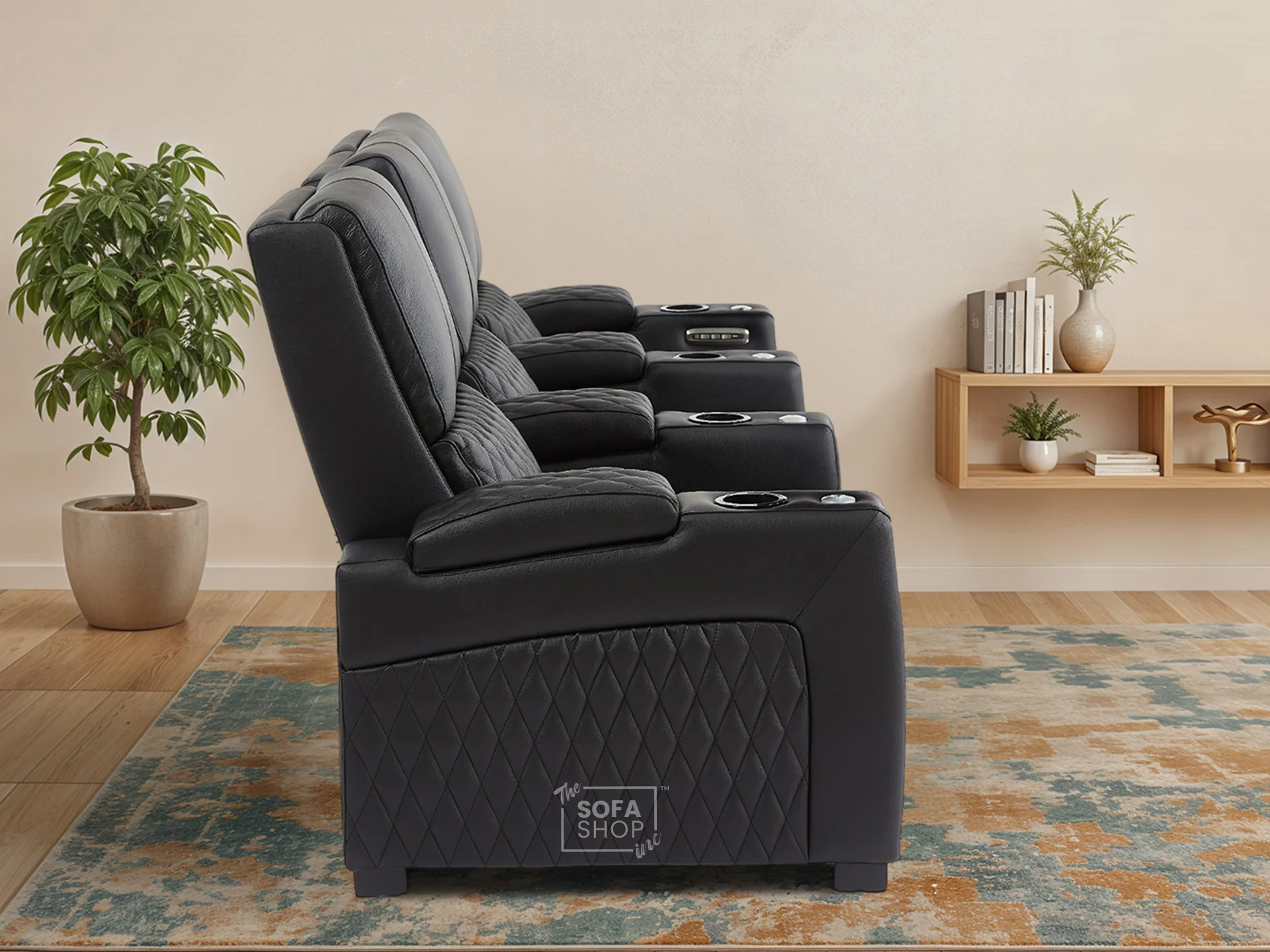 3 Seater Black Real Leather Electric Recliner Cinema Sofa | Luxury Theatre & Home Cinema Seating | Power Lumbar, Power Headrest, Cooling Cup Holder, Tray Tables & USB-C | Assisi | The Sofa Shop - Image 5