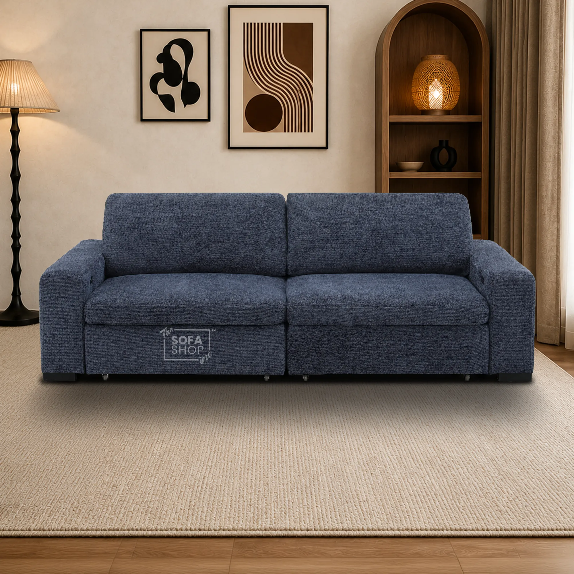 3 Seater Fabric Extendable Electric Sofa Bed | Power Sliding Couch With USB+C Charging | Blue Chenille Fabric | Home Theatre Seating & Comfort Headrests | Palma | The Sofa Shop - Image 4