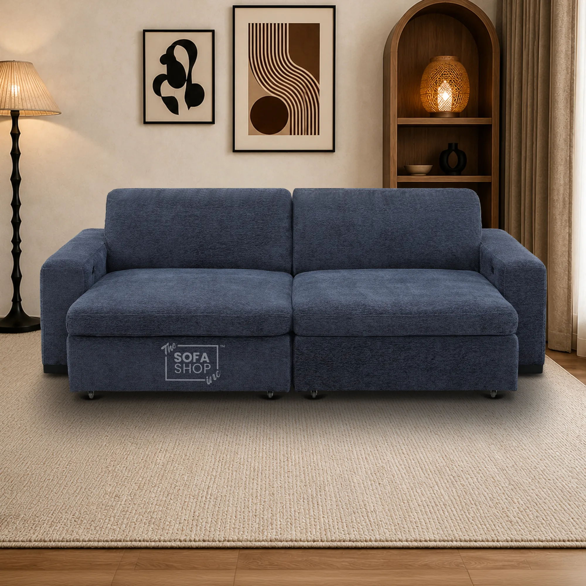 3 Seater Fabric Extendable Electric Sofa Bed | Power Sliding Couch With USB+C Charging | Blue Chenille Fabric | Home Theatre Seating & Comfort Headrests | Palma | The Sofa Shop - Image 5