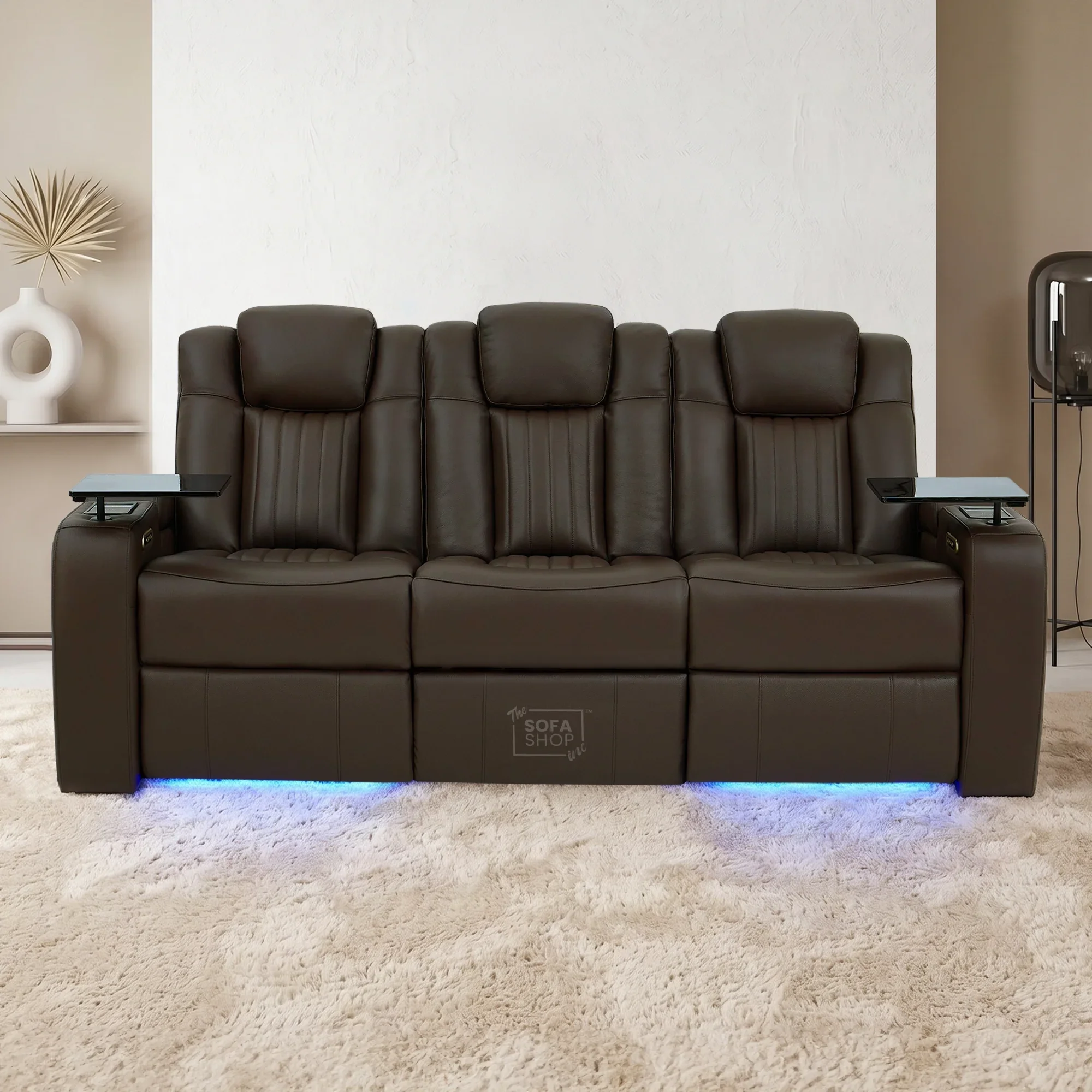 3 Seater Cinema Sofa in Brown Real Leather | Hi-Tech Cinema Sofa with Vibration Massage, Heated Lumbar, Bluetooth Speakers, Heating & Cooling Cupholders | Capri | The Sofa Shop - Image 2