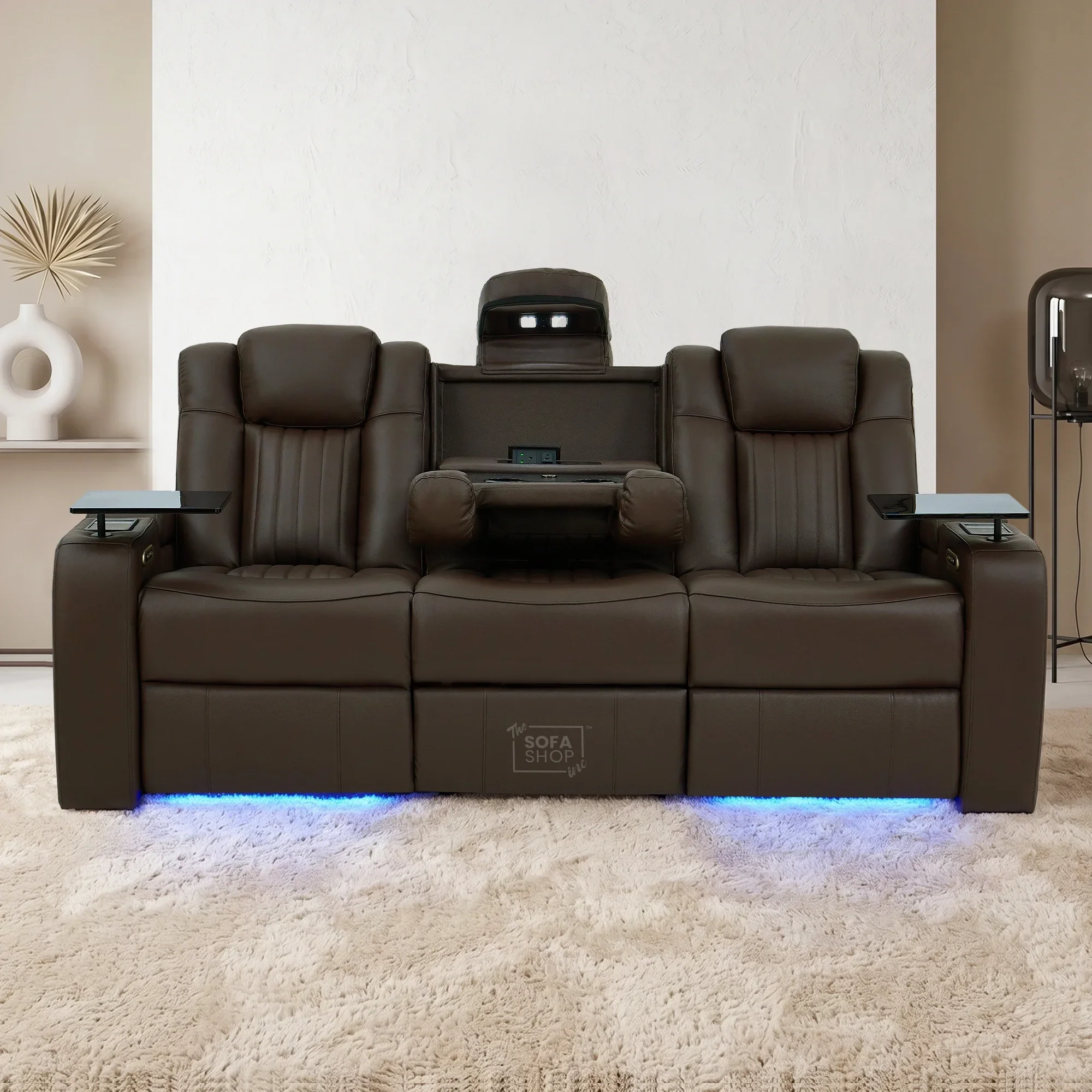 3 Seater Cinema Sofa in Brown Real Leather | Hi-Tech Cinema Sofa with Vibration Massage, Heated Lumbar, Bluetooth Speakers, Heating & Cooling Cupholders | Capri | The Sofa Shop - Image 3