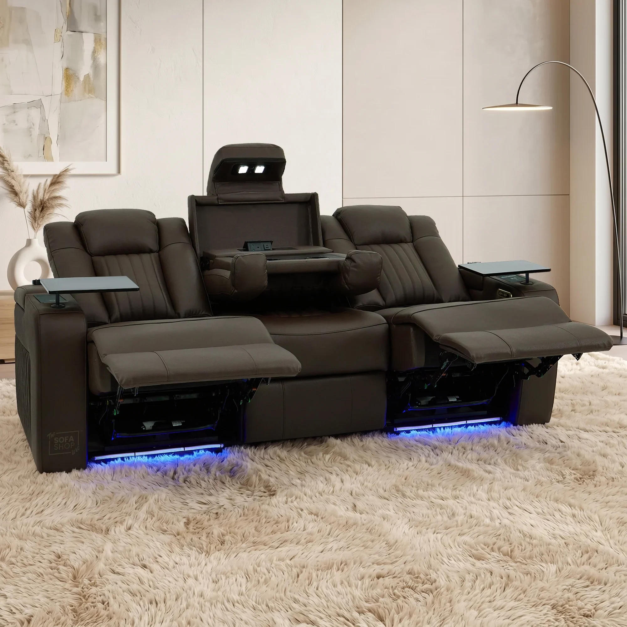 3 Seater Cinema Sofa in Brown Real Leather | Hi-Tech Cinema Sofa with Vibration Massage, Heated Lumbar, Bluetooth Speakers, Heating & Cooling Cupholders | Capri | The Sofa Shop - Image 4