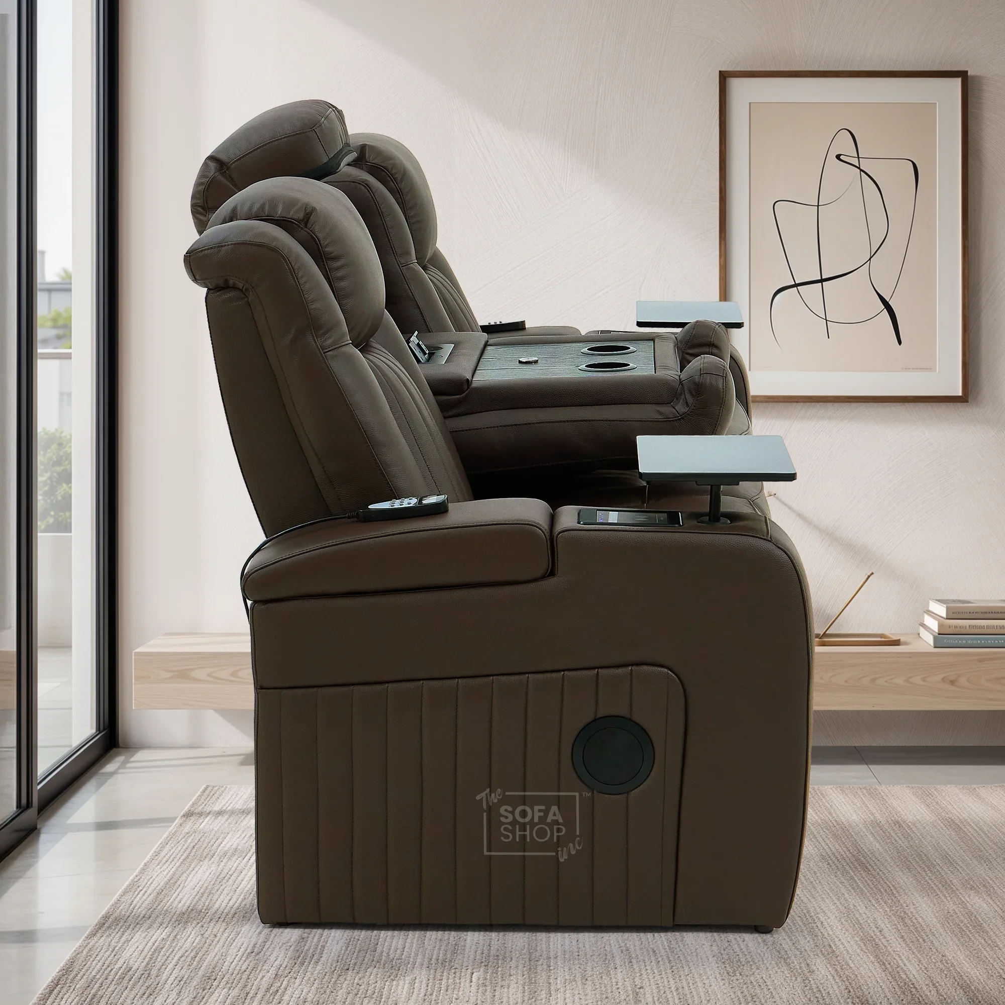 3 Seater Cinema Sofa in Brown Real Leather | Hi-Tech Cinema Sofa with Vibration Massage, Heated Lumbar, Bluetooth Speakers, Heating & Cooling Cupholders | Capri | The Sofa Shop - Image 6