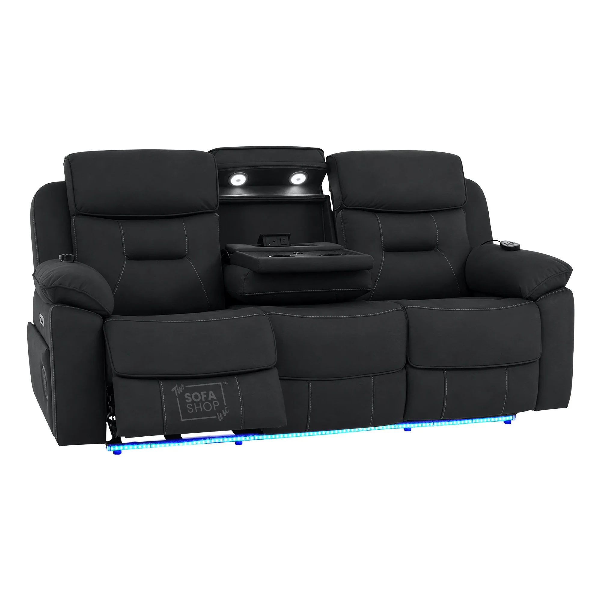 3 Seater Electric Recliner Couch in Charcoal Grey Fabric | Hi-Tech Sofa with Vibration Massage + Heated Lumbar + Power Grommet + Multi-Link Bluetooth + Power Headrests | Florence | The Sofa Shop - Image 24