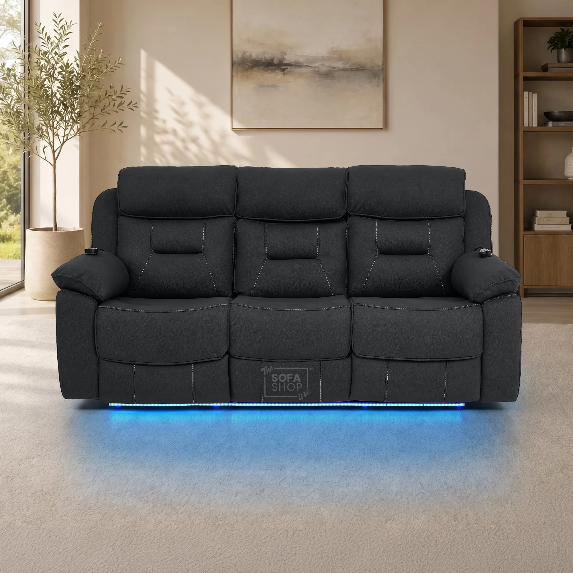 3 Seater Electric Recliner Couch in Charcoal Grey Fabric | Hi-Tech Sofa with Vibration Massage + Heated Lumbar + Power Grommet + Multi-Link Bluetooth + Power Headrests | Florence | The Sofa Shop - Image 4