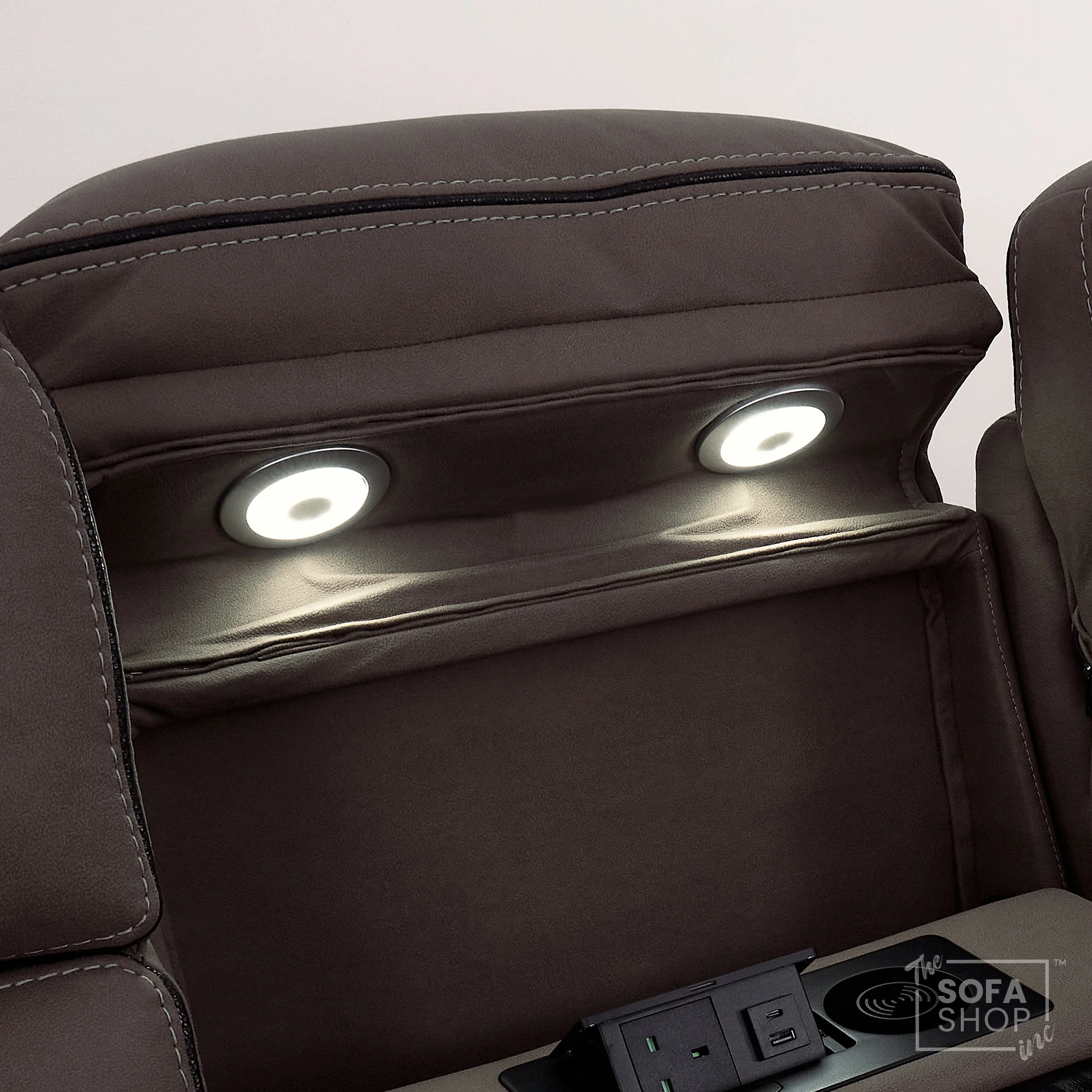3 Seater Electric Recliner Cinema Sofa in Dark Brown Fabric | Hi-Tech Sofa With Massage, Fold-Down Table, Bluetooth Speakers, LED Lights & Power Headrest | Tuscany | The Sofa Shop - Image 15