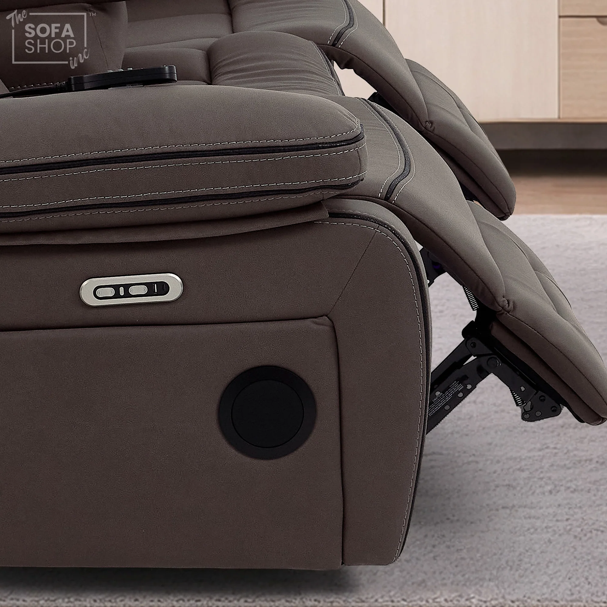 3 Seater Electric Recliner Cinema Sofa in Dark Brown Fabric | Hi-Tech Sofa With Massage, Fold-Down Table, Bluetooth Speakers, LED Lights & Power Headrest | Tuscany | The Sofa Shop - Image 17