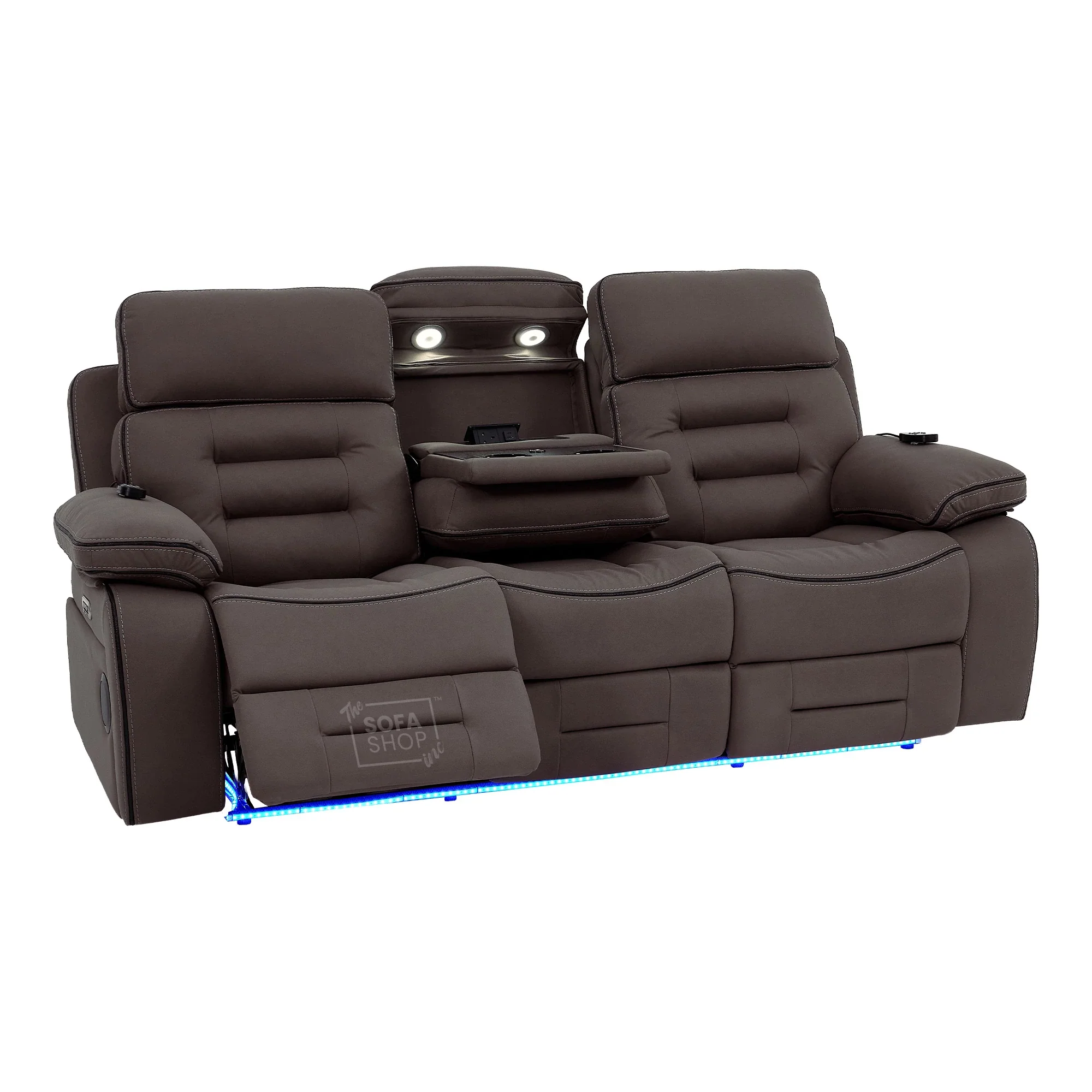 3 Seater Electric Recliner Cinema Sofa in Dark Brown Fabric | Hi-Tech Sofa With Massage, Fold-Down Table, Bluetooth Speakers, LED Lights & Power Headrest | Tuscany | The Sofa Shop - Image 18
