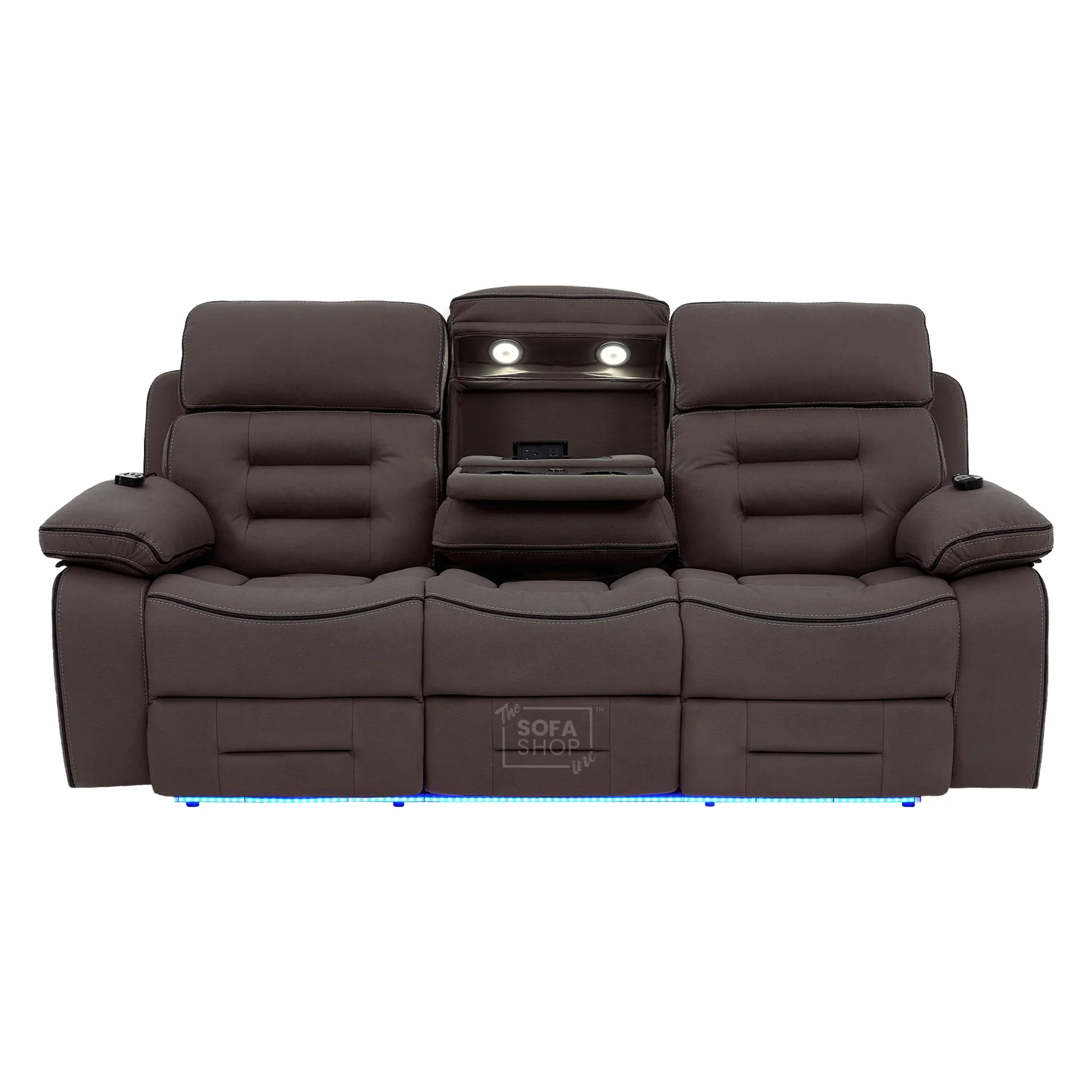3 Seater Electric Recliner Cinema Sofa in Dark Brown Fabric | Hi-Tech Sofa With Massage, Fold-Down Table, Bluetooth Speakers, LED Lights & Power Headrest | Tuscany | The Sofa Shop - Image 19