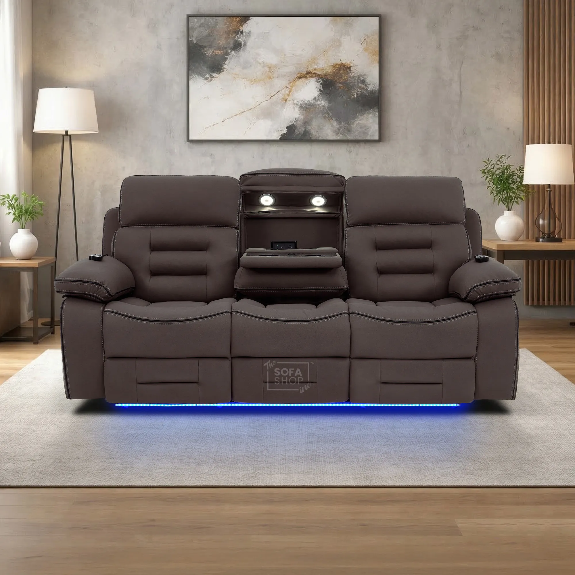 3 Seater Electric Recliner Cinema Sofa in Dark Brown Fabric | Hi-Tech Sofa With Massage, Fold-Down Table, Bluetooth Speakers, LED Lights & Power Headrest | Tuscany | The Sofa Shop - Image 2