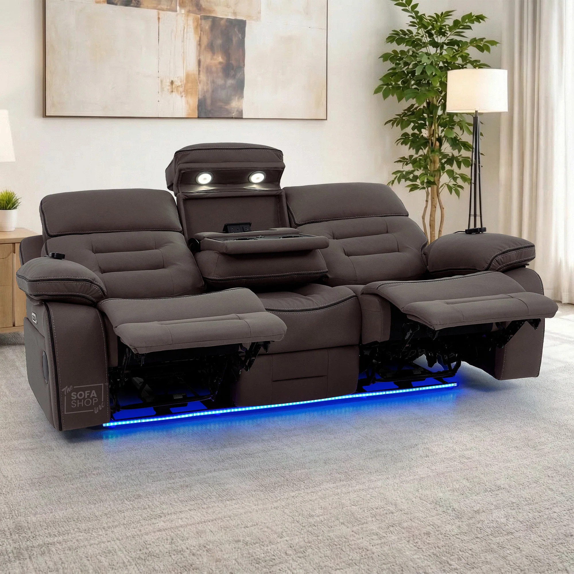 3 Seater Electric Recliner Cinema Sofa in Dark Brown Fabric | Hi-Tech Sofa With Massage, Fold-Down Table, Bluetooth Speakers, LED Lights & Power Headrest | Tuscany | The Sofa Shop - Image 3