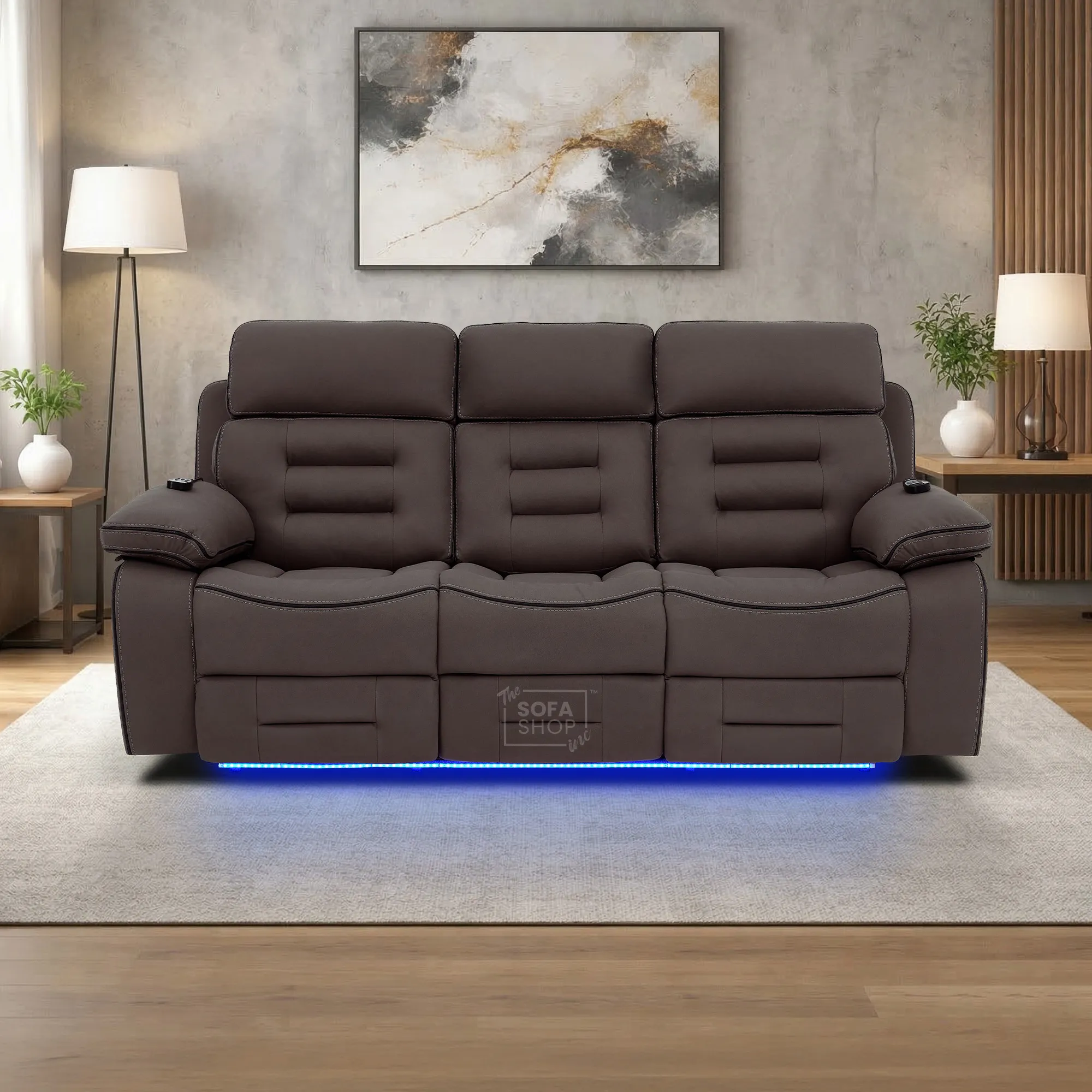 3 Seater Electric Recliner Cinema Sofa in Dark Brown Fabric | Hi-Tech Sofa With Massage, Fold-Down Table, Bluetooth Speakers, LED Lights & Power Headrest | Tuscany | The Sofa Shop - Image 4
